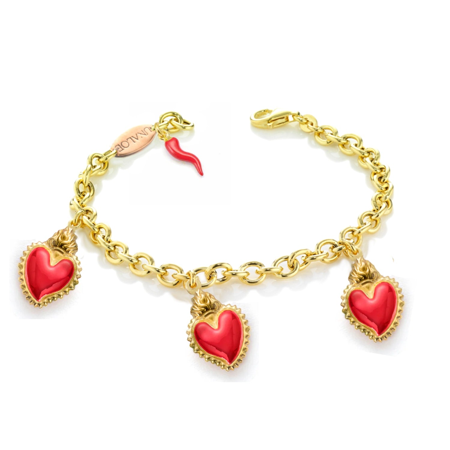 Gold-Plated Silver Bracelet With Three Red Heart Pendants And Horn