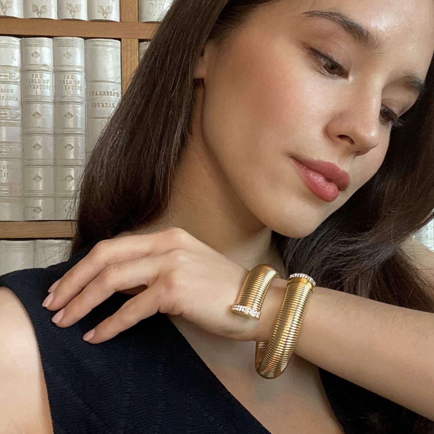 Gold Plated Twelve Millimeter Cobra Bracelet With Pave Tips