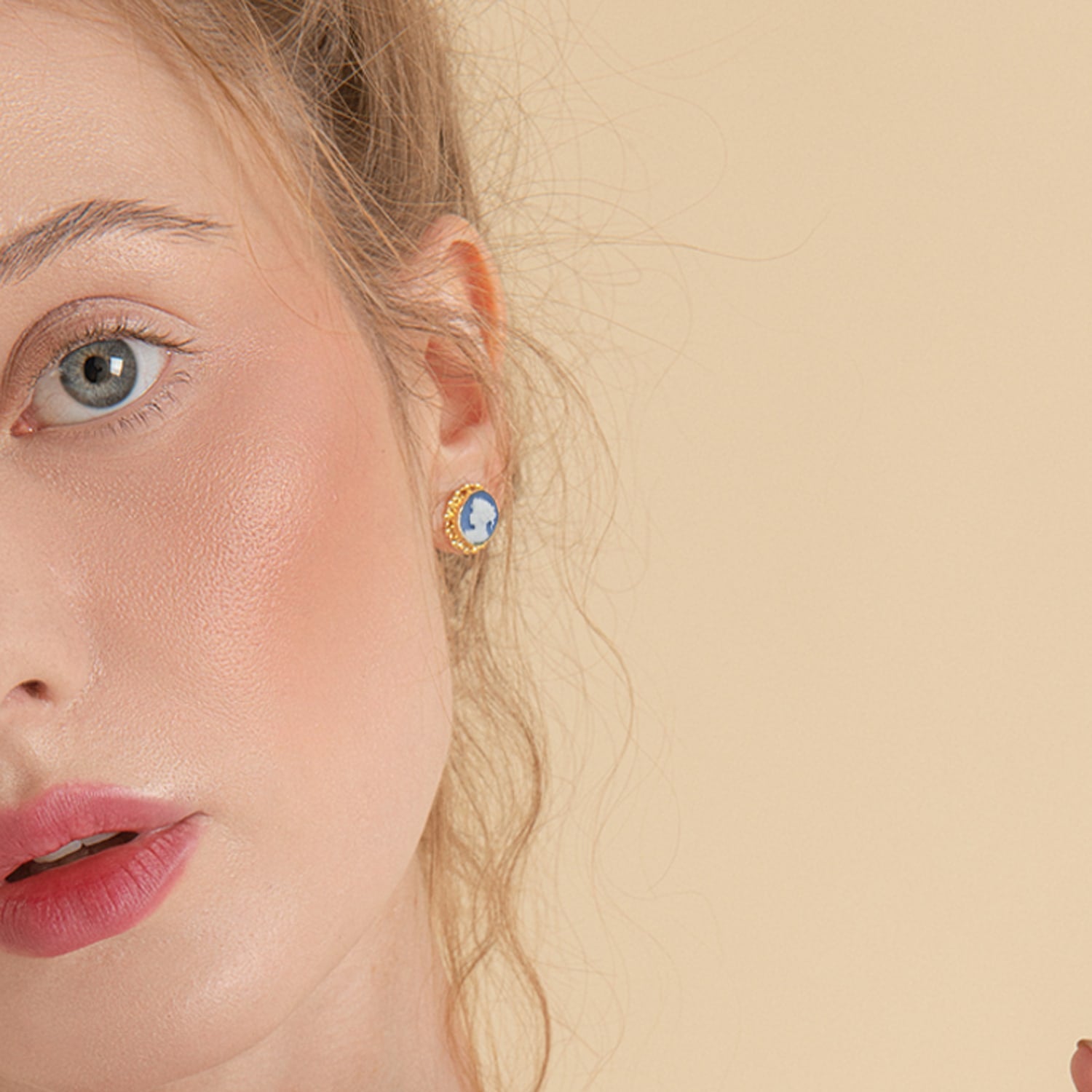 Gold-Plated Sky Blue Mini Cameo Stud Earrings