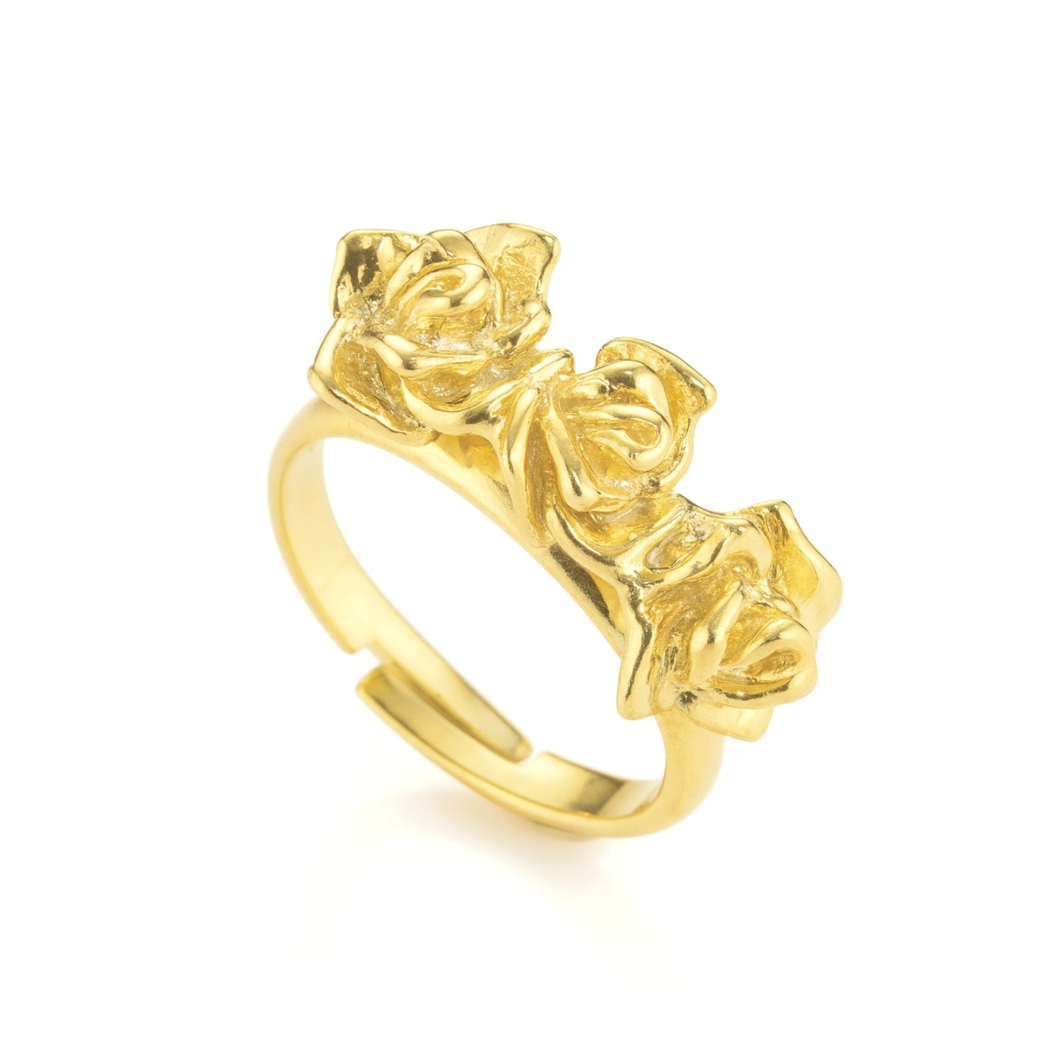 Gold-Plated, Sterling Silver Adjustable Ring With Raised Roses