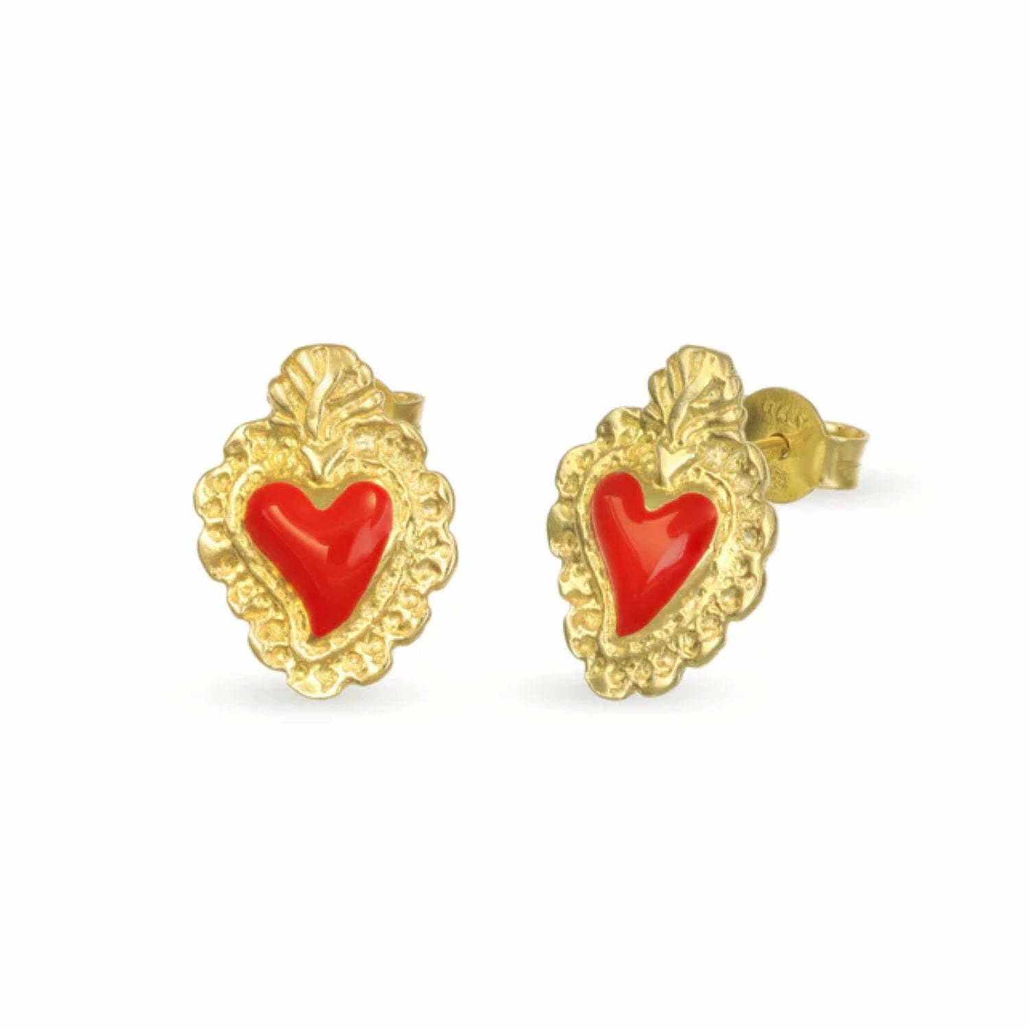 Gold-Plated Stud Earrings With A Red Sacred Heart-Shaped Pendant