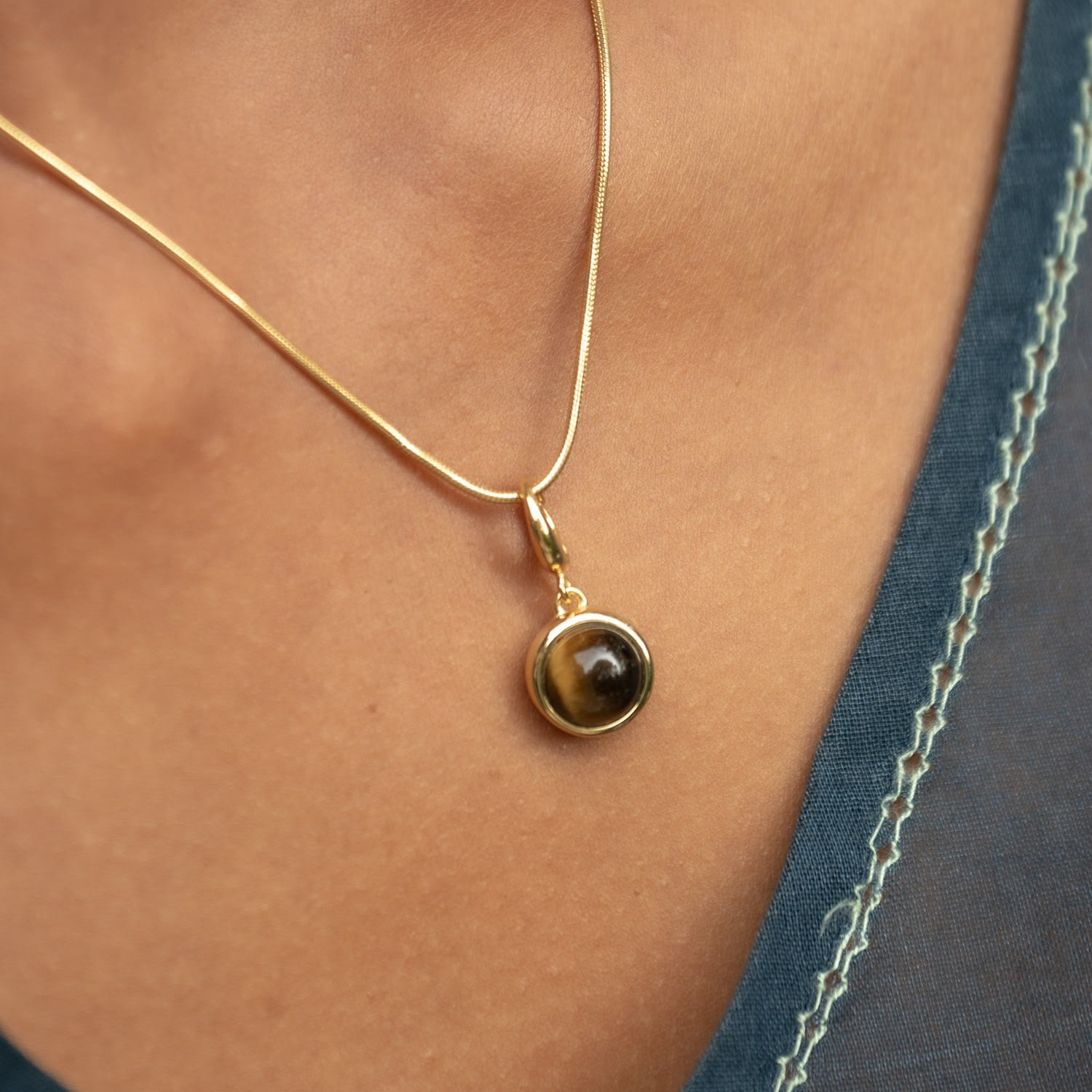 Gold Plated Tigers Eye Healing Stone Necklace With Round Snake Chain - Courage Charm Necklace