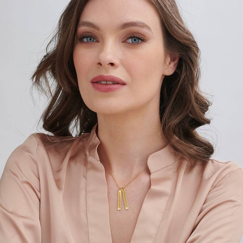 Engraved Vertical Bar Necklace with Diamonds in Gold Plating