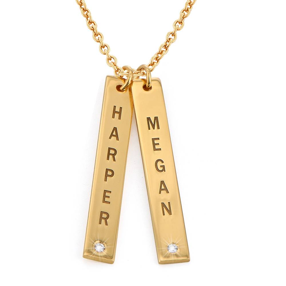 Engraved Vertical Bar Necklace with Diamonds in Gold Plating