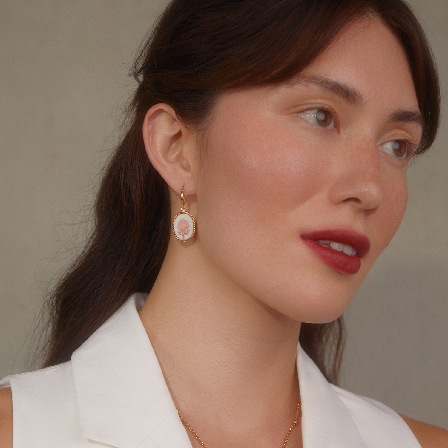 Gold-Plated White Rose Cameo Hoop Earrings