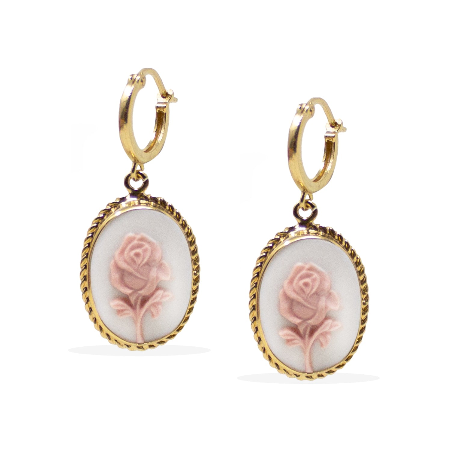 Gold-Plated White Rose Cameo Hoop Earrings