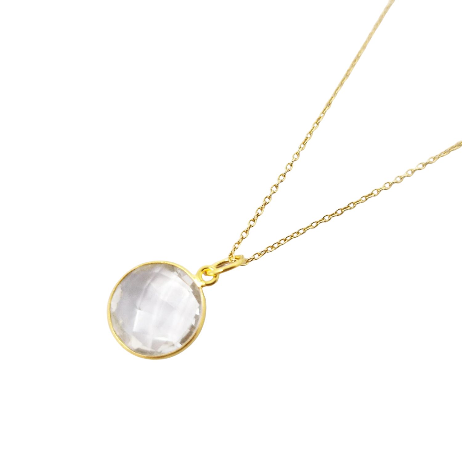 Gold Plated White Topaz April Birthstone Crystal Round Charm Necklace
