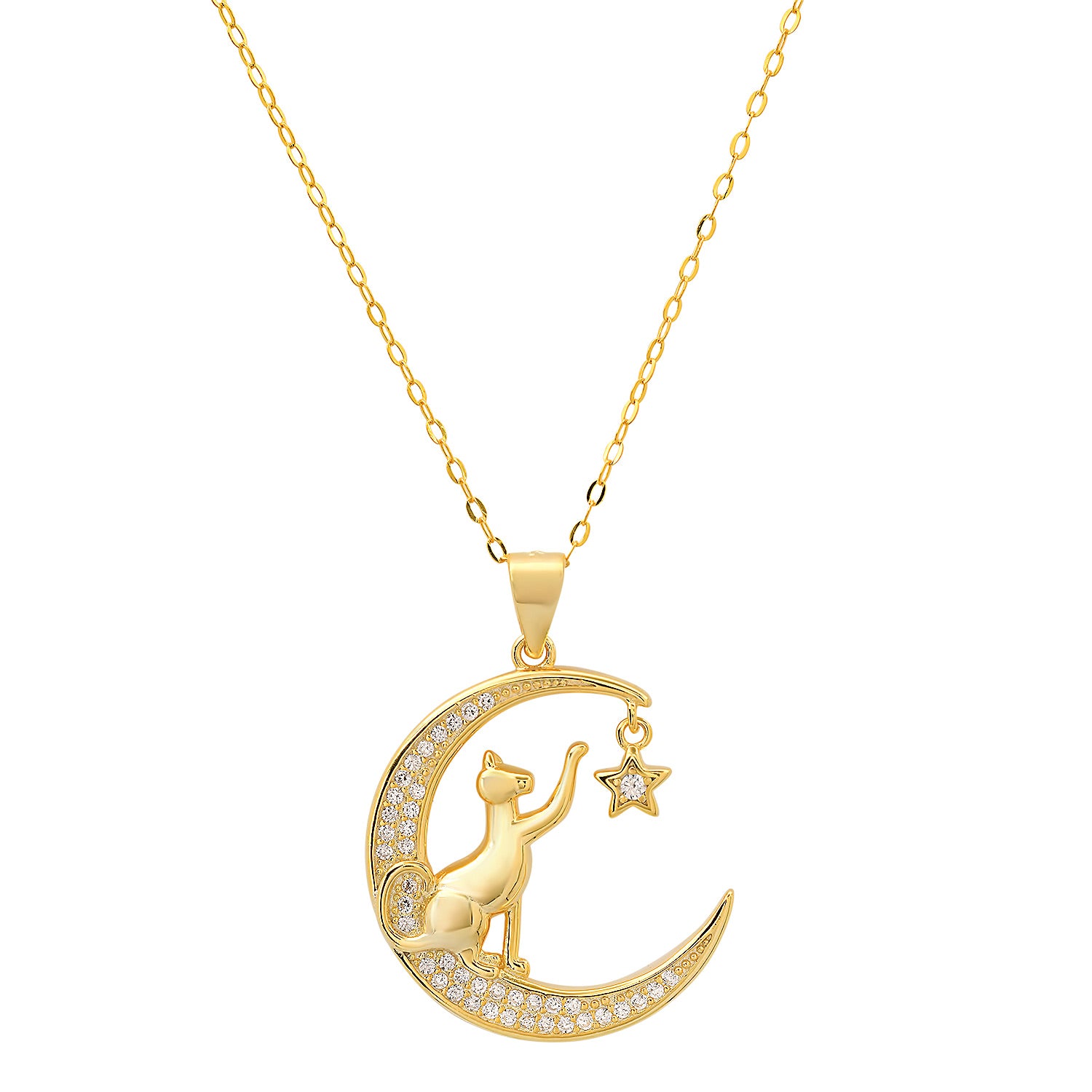 Gold Playful Kitty Cat Diamond Cz Moon Pendant Necklace