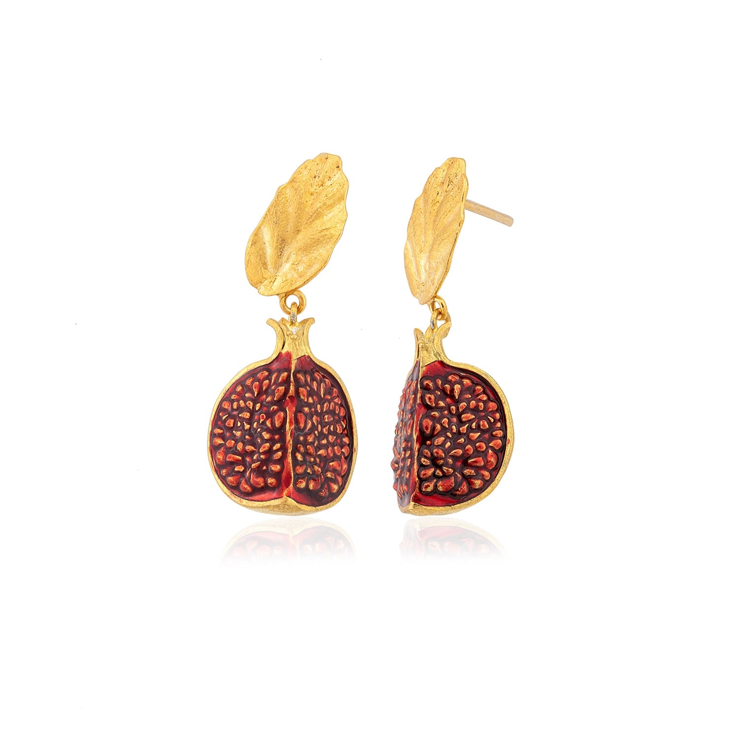 Gold Pomegranate Slice Drop Leaf Earrings