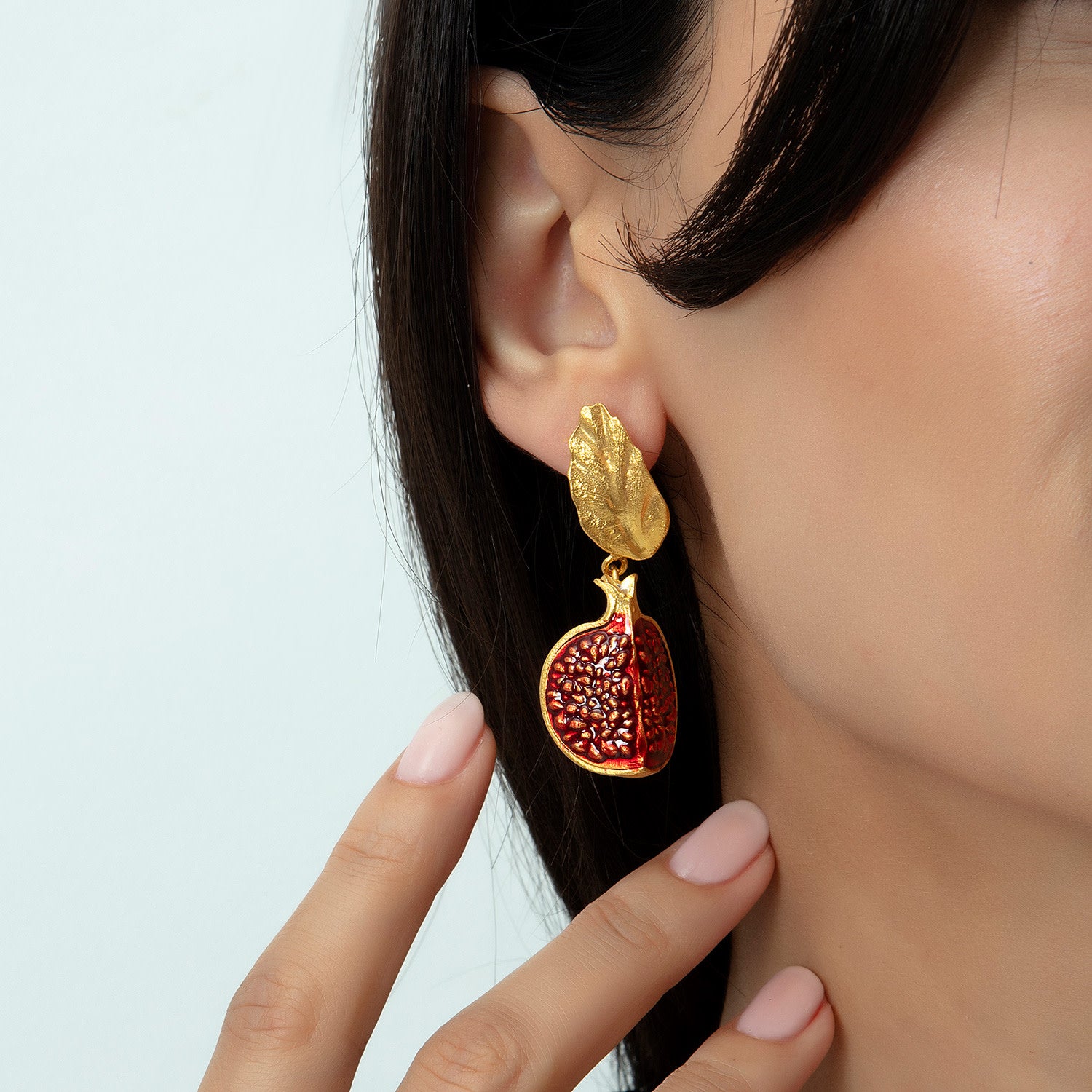 Gold Pomegranate Slice Drop Leaf Earrings