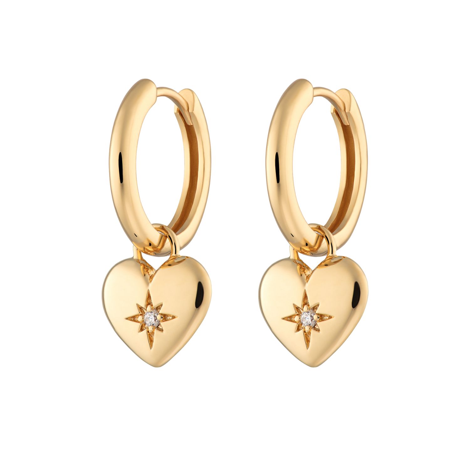 Gold Puffed Heart Charm Hoop Earrings
