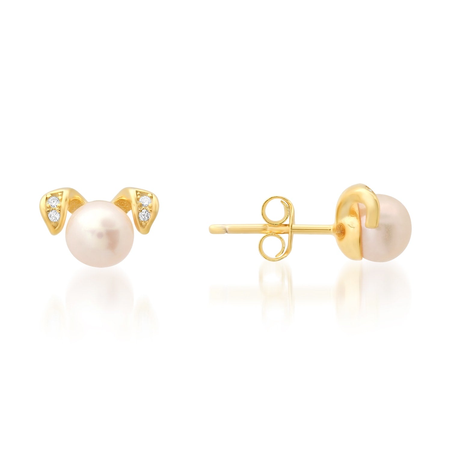 Gold Puppy Dog Pearl & Diamond Cz Stud Earrings