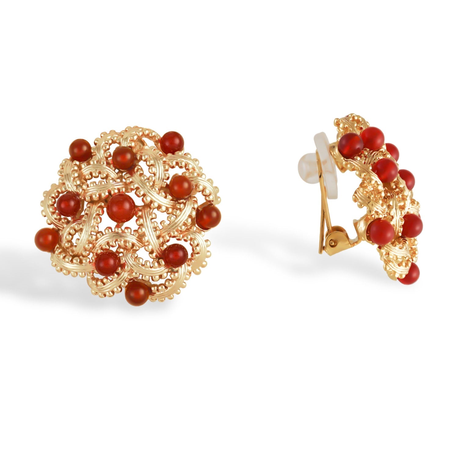 Gold & Red Agate Gemstones Statement Clip On Earrings, Series Red Briar