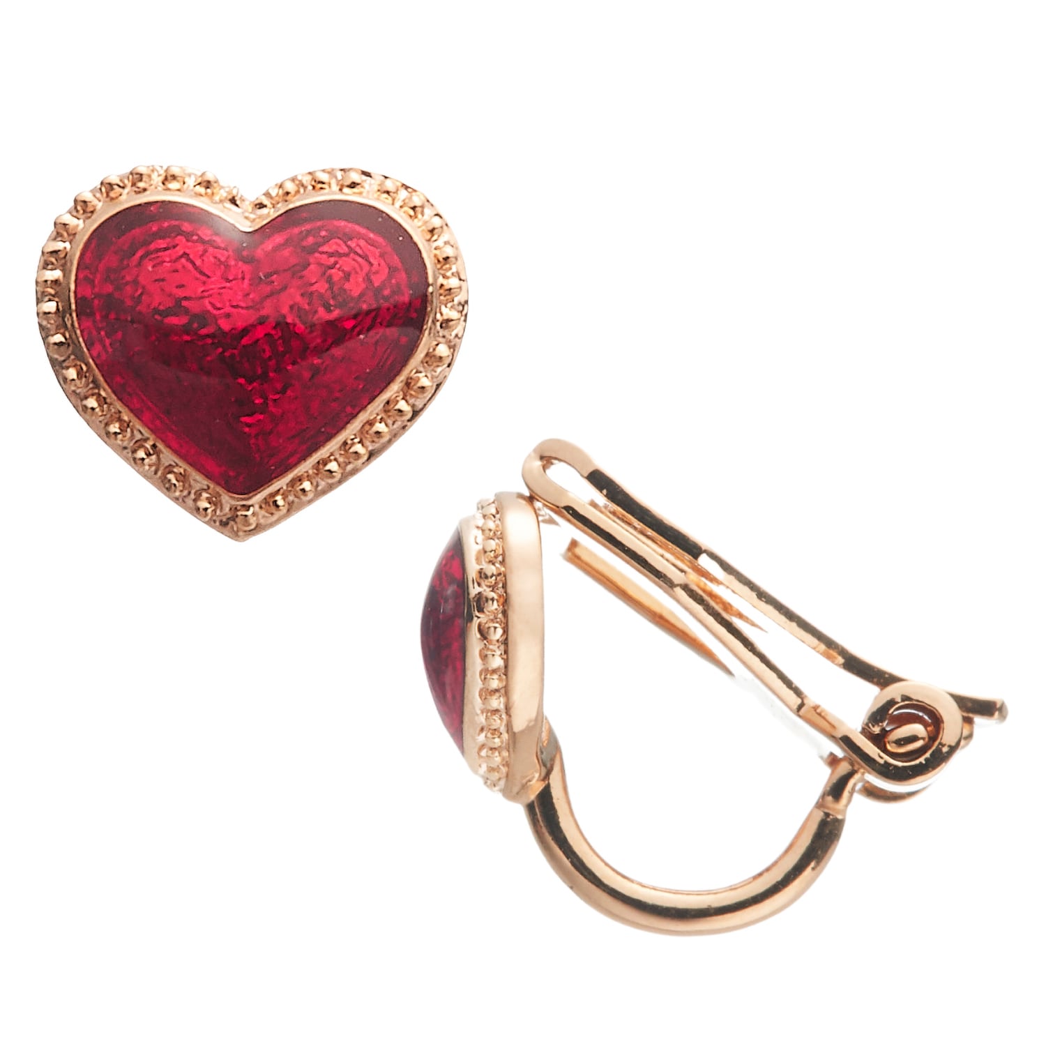 Gold & Red Enamel Heart Clip On Earrings, Series Pop Heart
