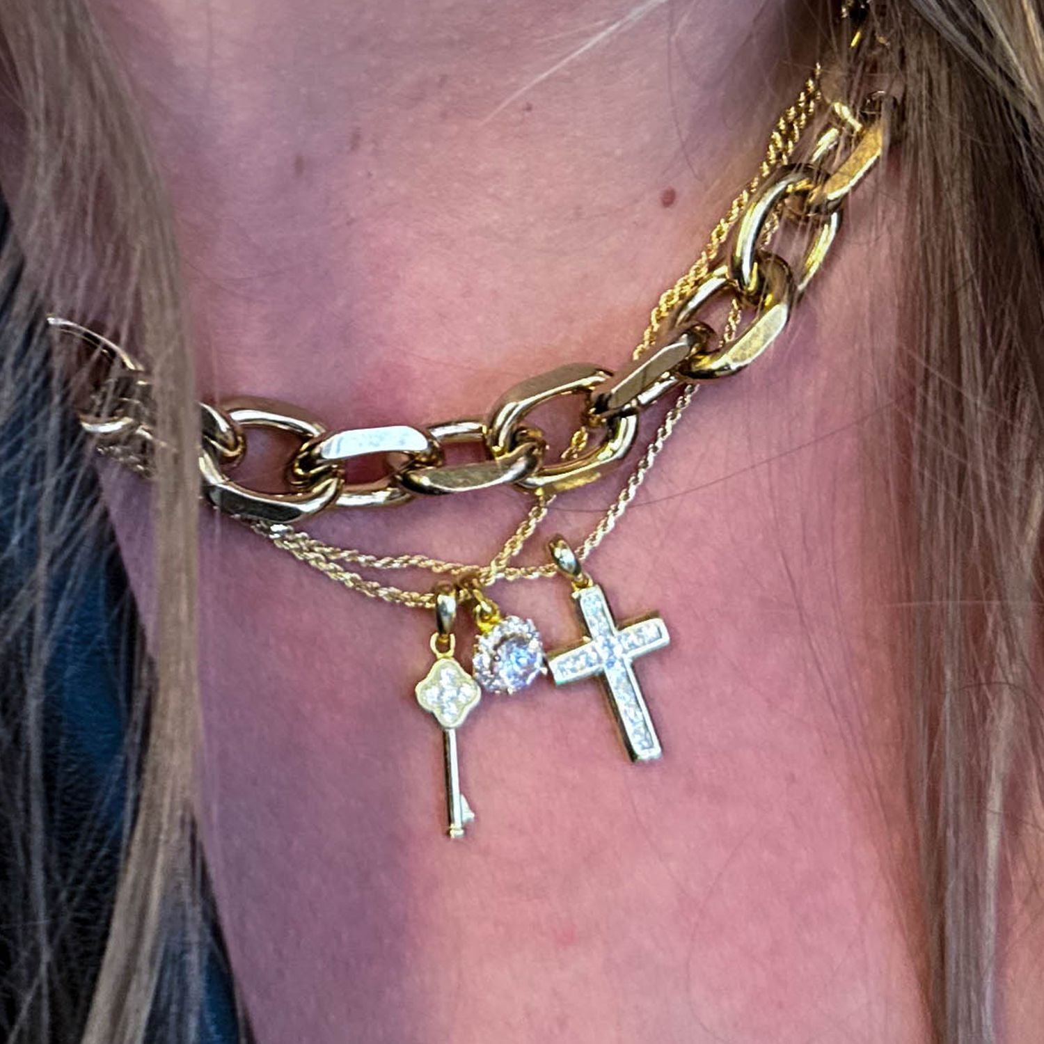 Gold Religious Cross Pave Charm Pendant With Rope Chain
