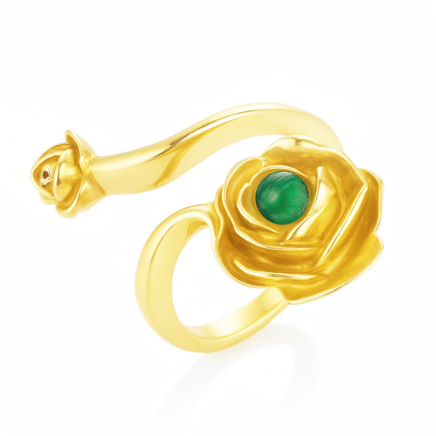 Gold Rose Ring With Natural Emerald– Adjustable Sterling Silver Flower Jewelry