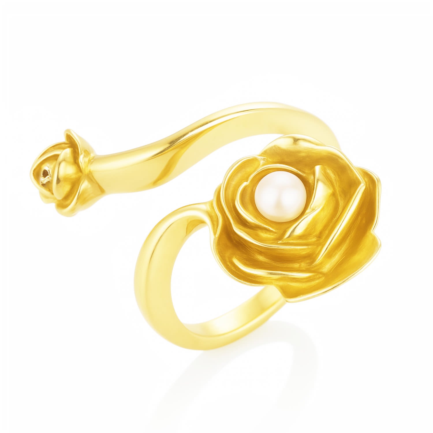 Gold Rose Ring With Natural Pearl – Adjustable Sterling Silver Flower Jewelry