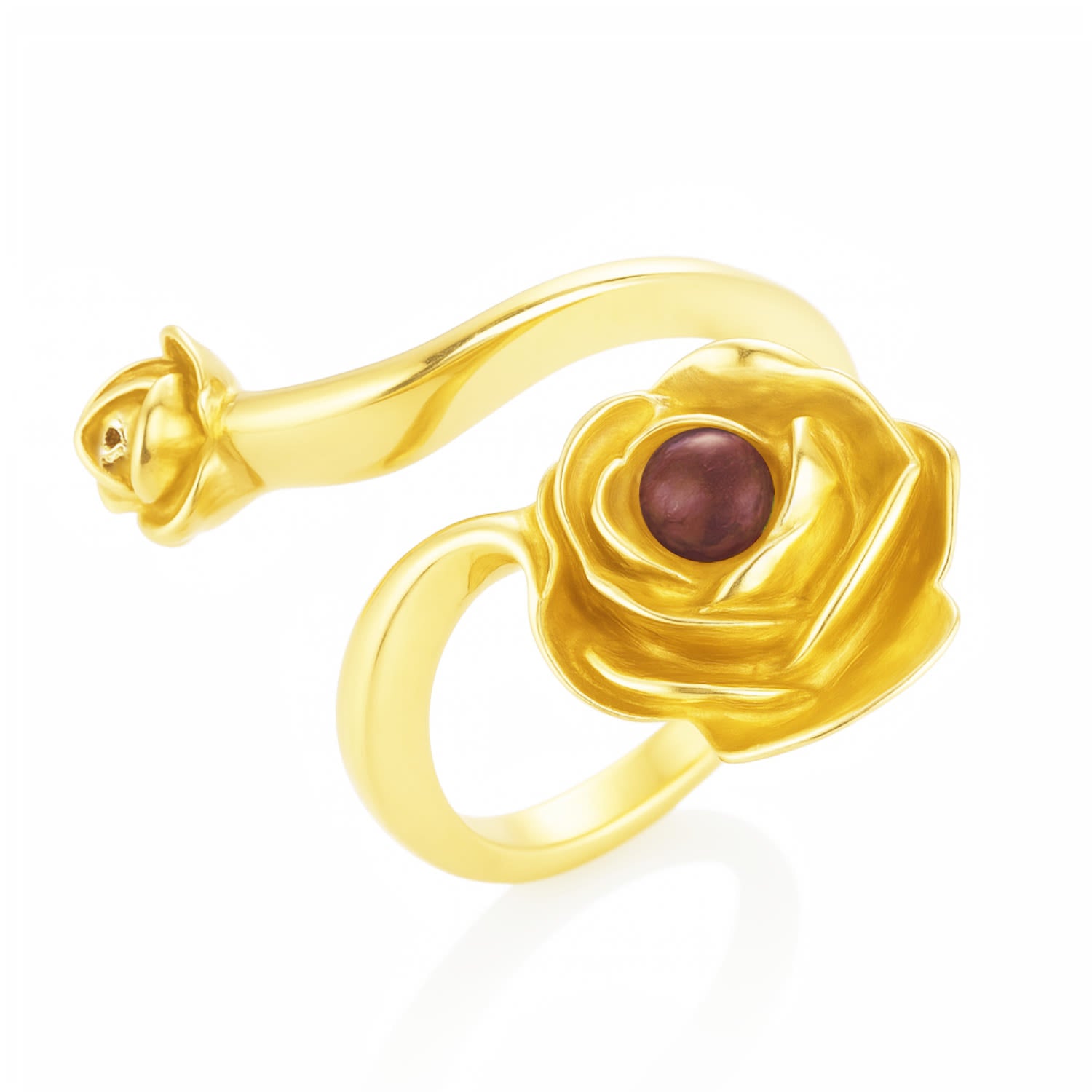 Gold Rose Ring With Natural Ruby– Adjustable Sterling Silver Flower Jewelry