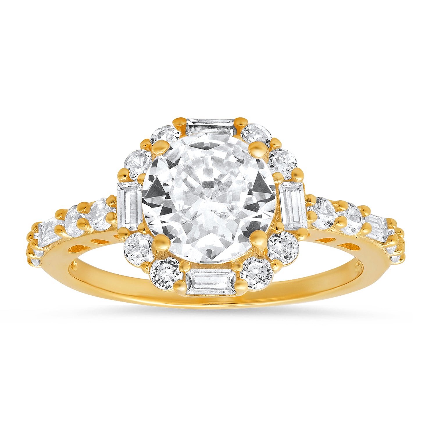 Gold Round Baguette Cut Halo Diamond Cz Ring