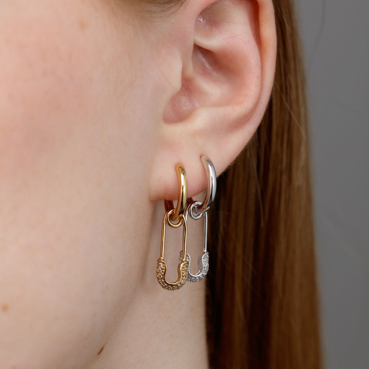 Gold Safety Pin Charm Hoop Earrings