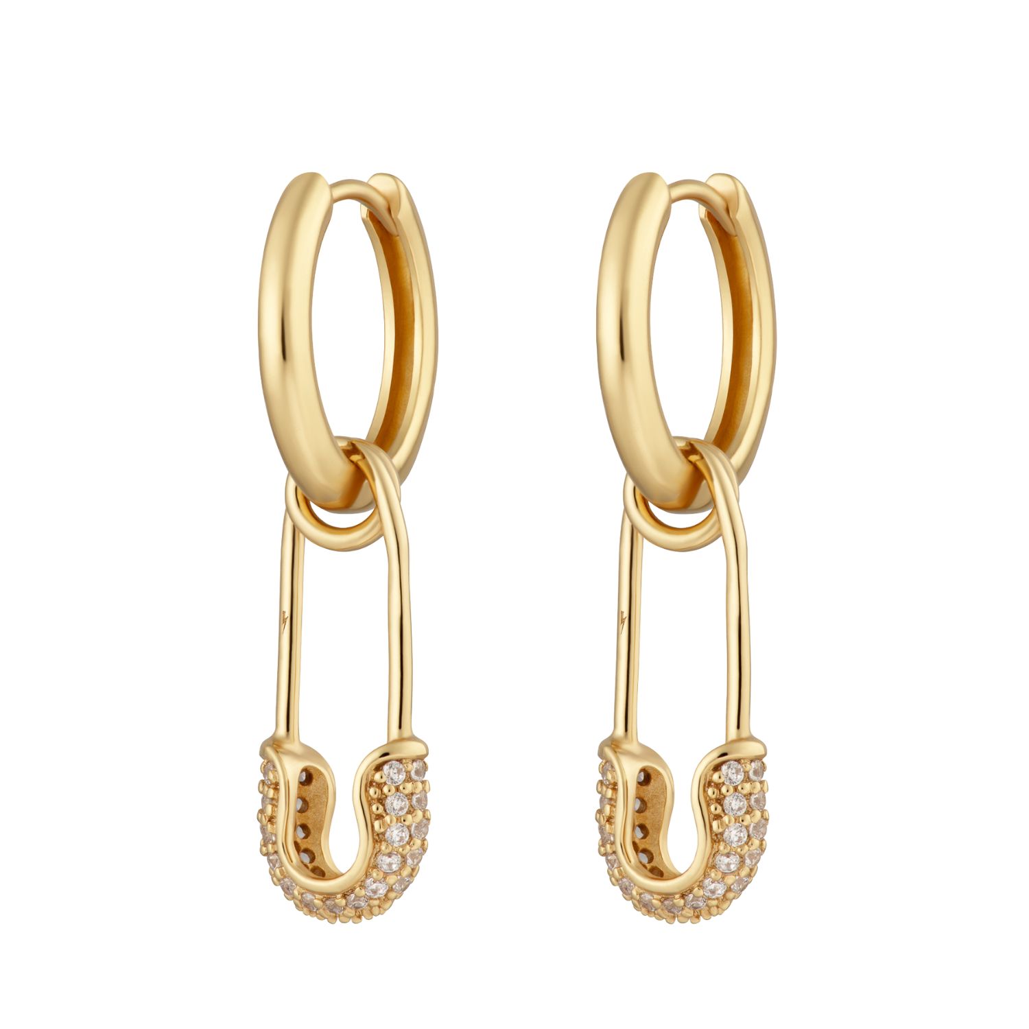 Gold Safety Pin Charm Hoop Earrings