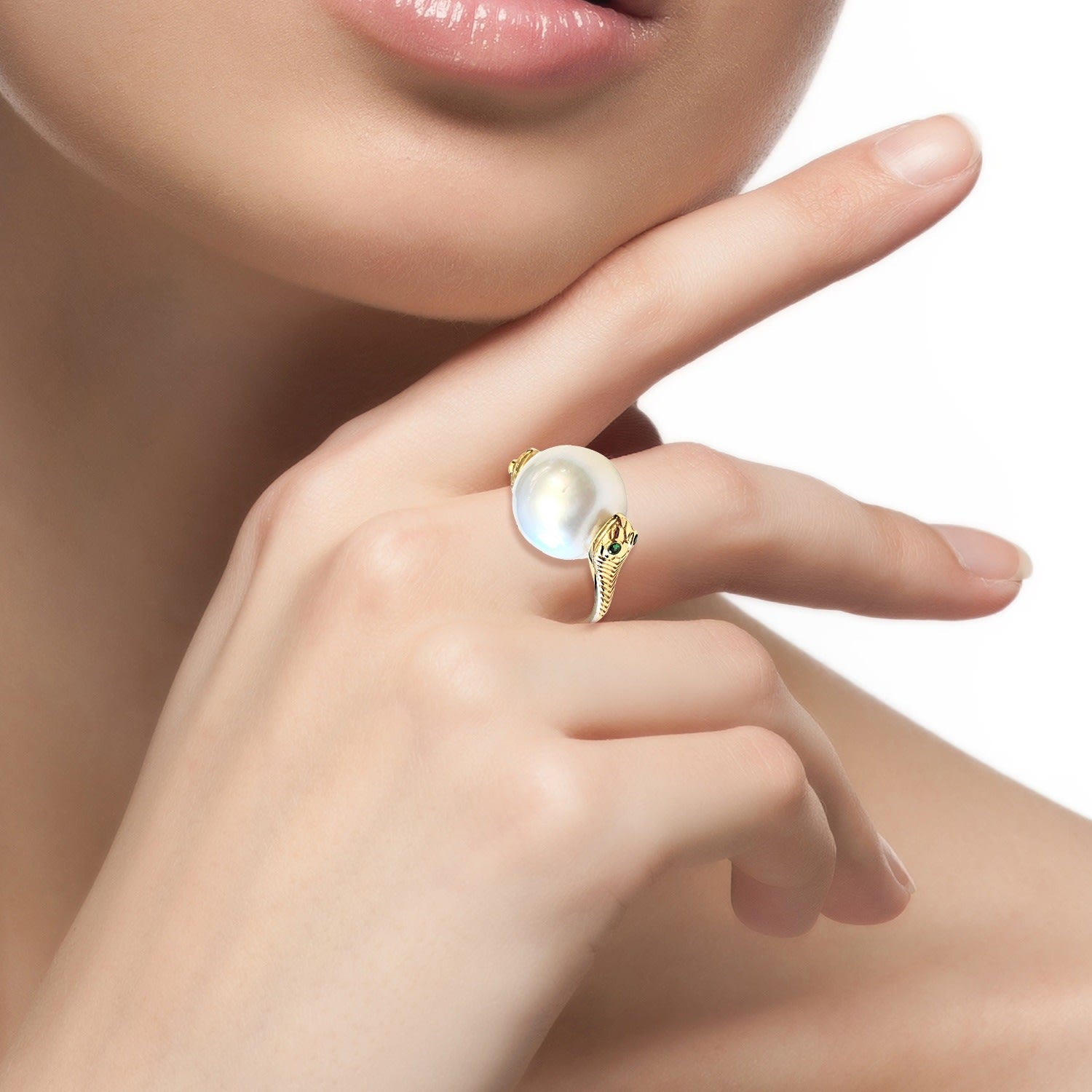 Gold Snake Cocktail Ring With South Sea Pearl & Tsavorite Gemstones