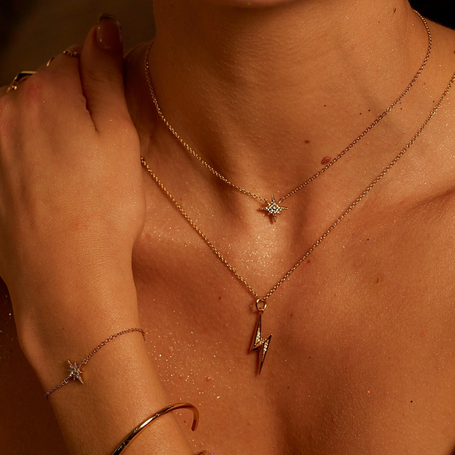 Gold Sparkling Lightning Bolt Necklace With Slider Clasp