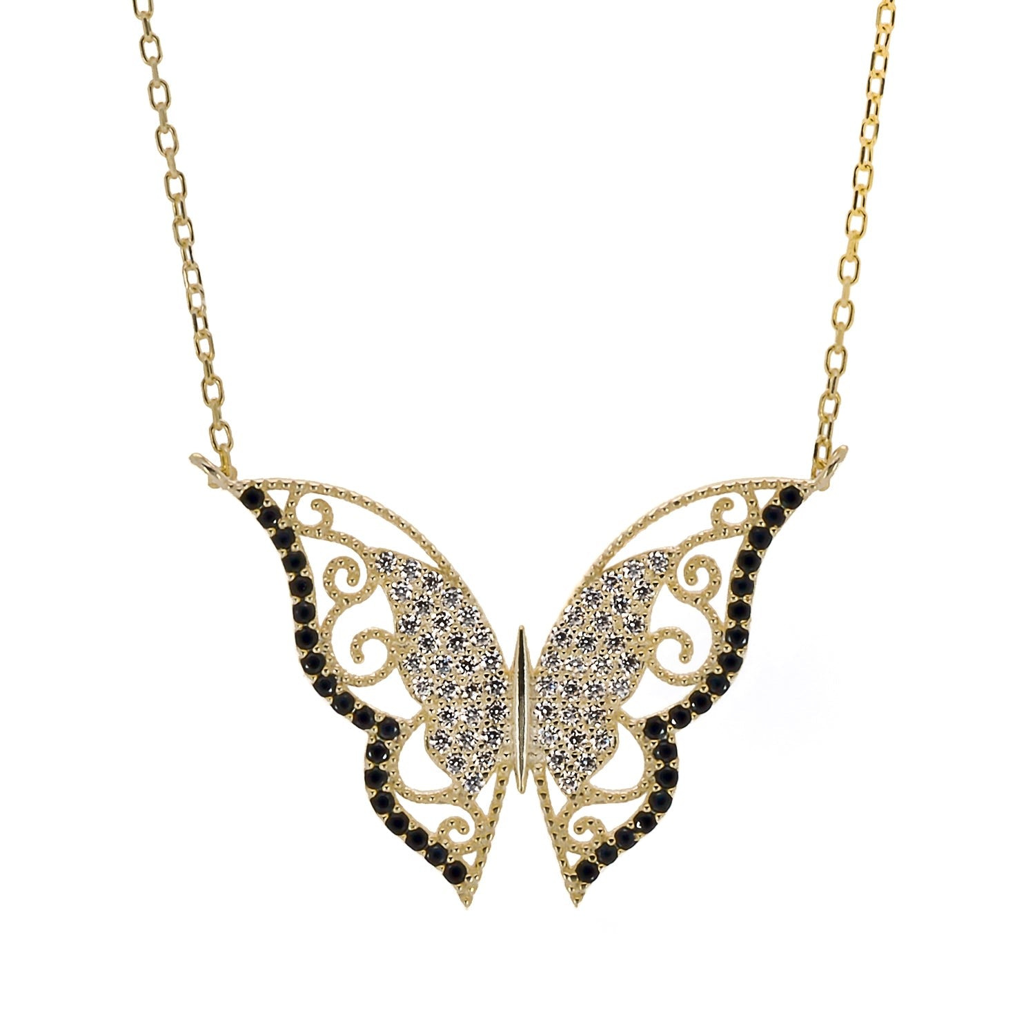 New Beginning Gold & Black Diamond Butterfly Pendant Necklace - Gold