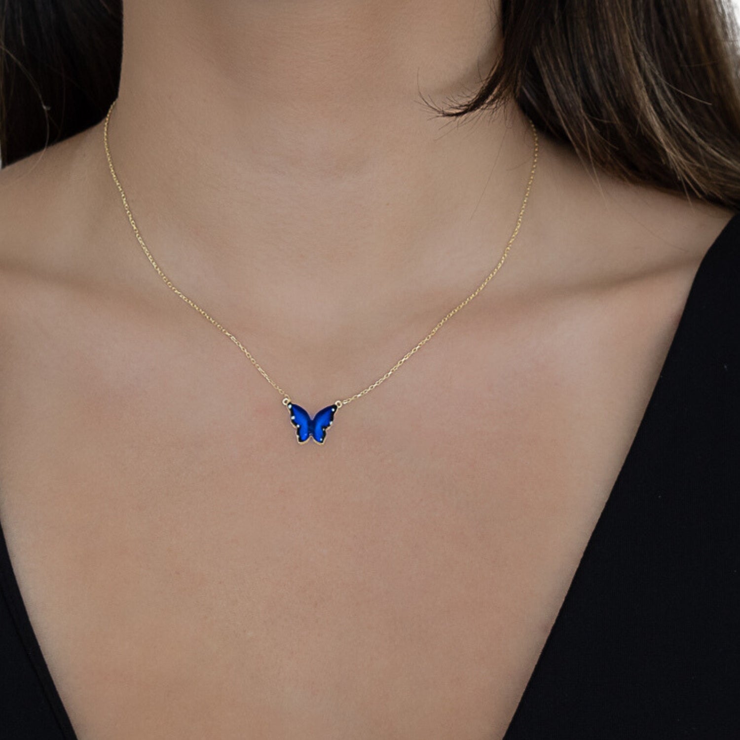 Gold Spiritual Blue Enamel Butterfly Necklace - Gold