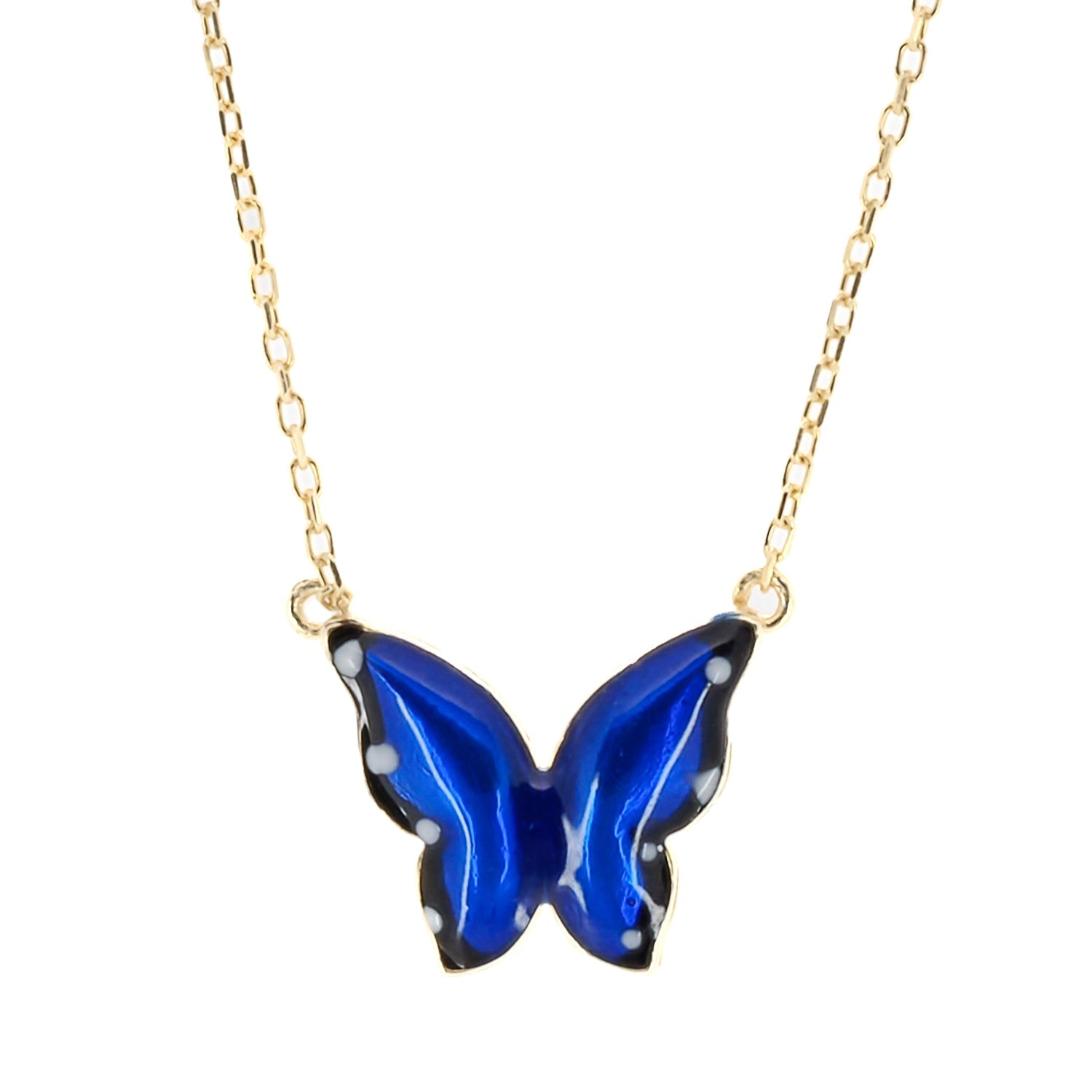 Gold Spiritual Blue Enamel Butterfly Necklace - Gold