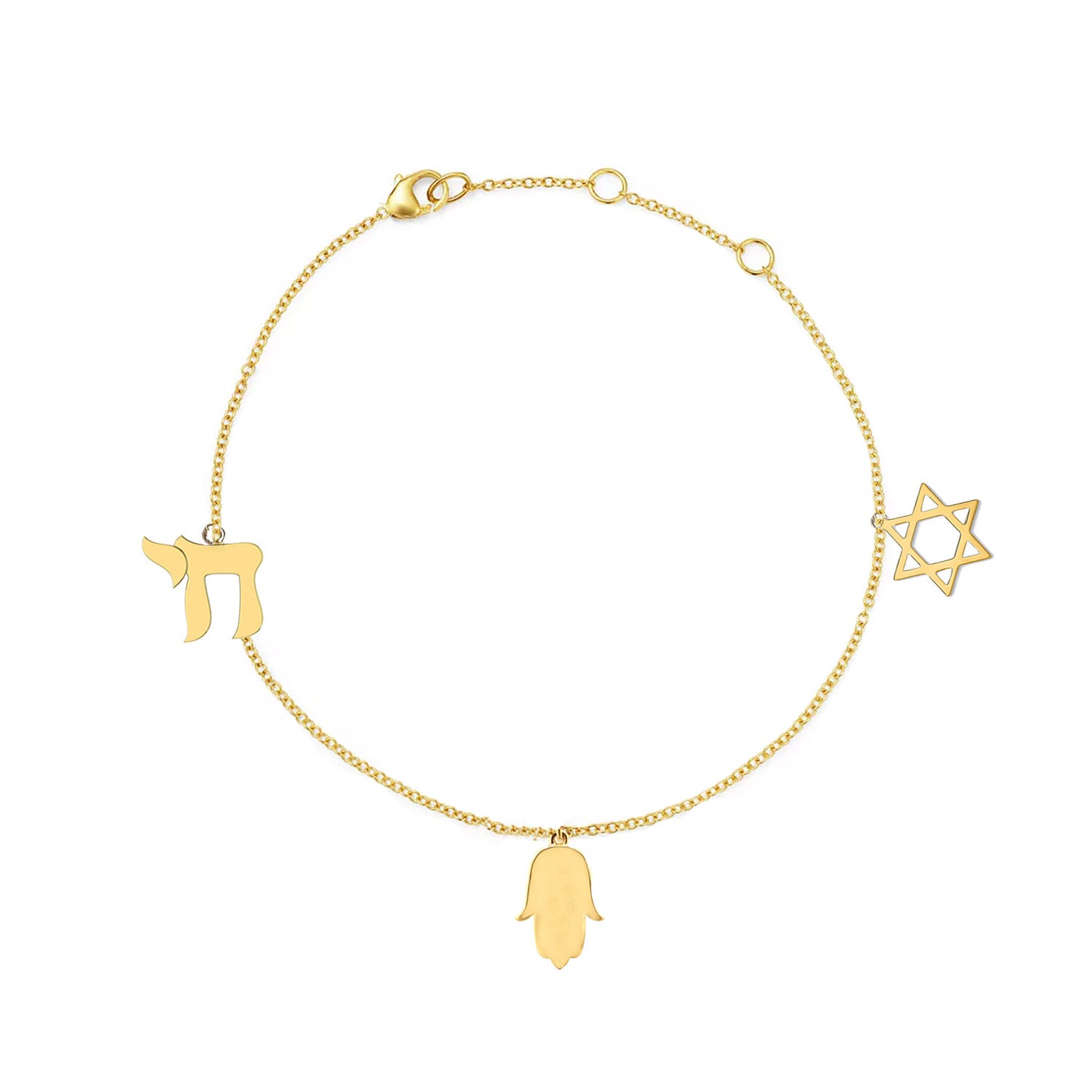 Gold Star Of David Charm Hamsa Chai Bracelet Adjustable Jewish Protection