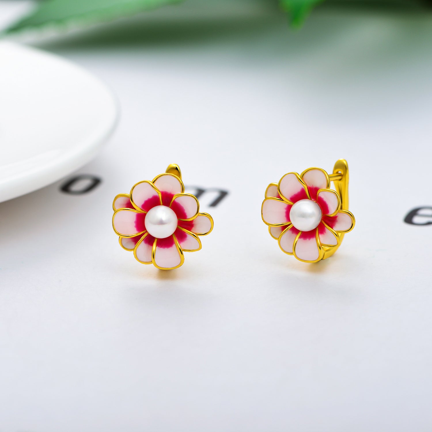 Sterling Silver with Yellow Gold Plated Round Pearl Wildflowers Hoop Earrings
