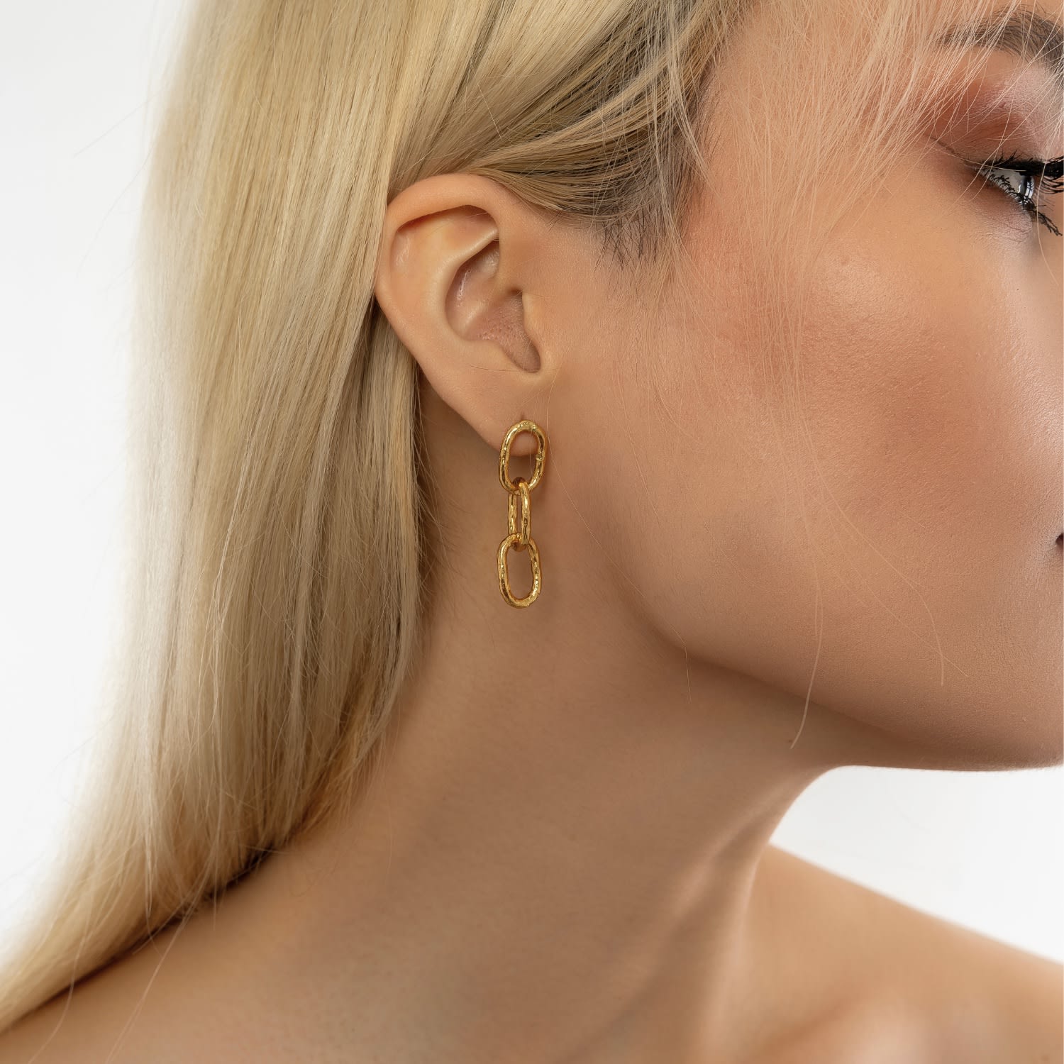 Gold Textured Chain Link Drop Earring