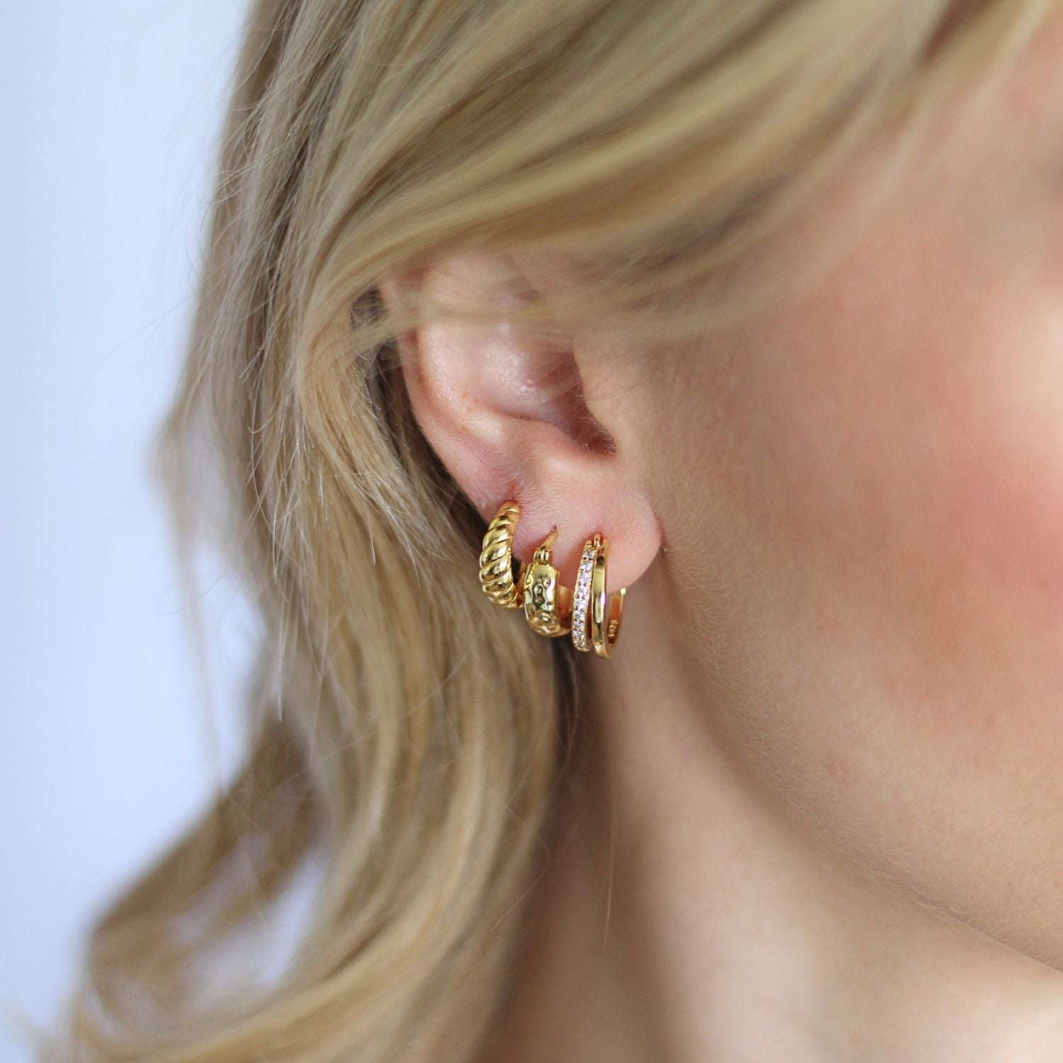 Gold Double Huggie Hoop Zirconia Studded