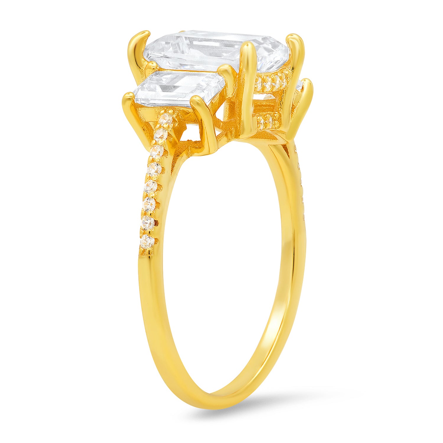 Gold Three Stone Emerald Cut Cz Statement Ring