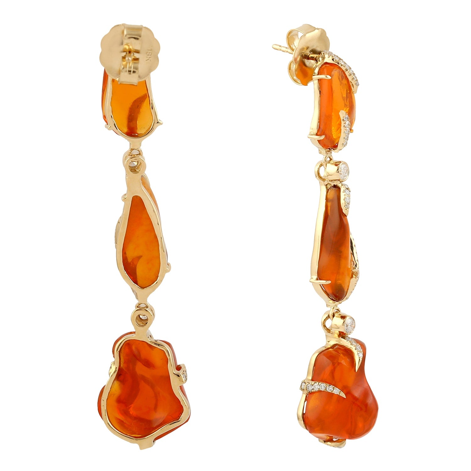 Unshaped Dangle Earrings With Natural Fire Opal & Pave Diamonds By Artisan