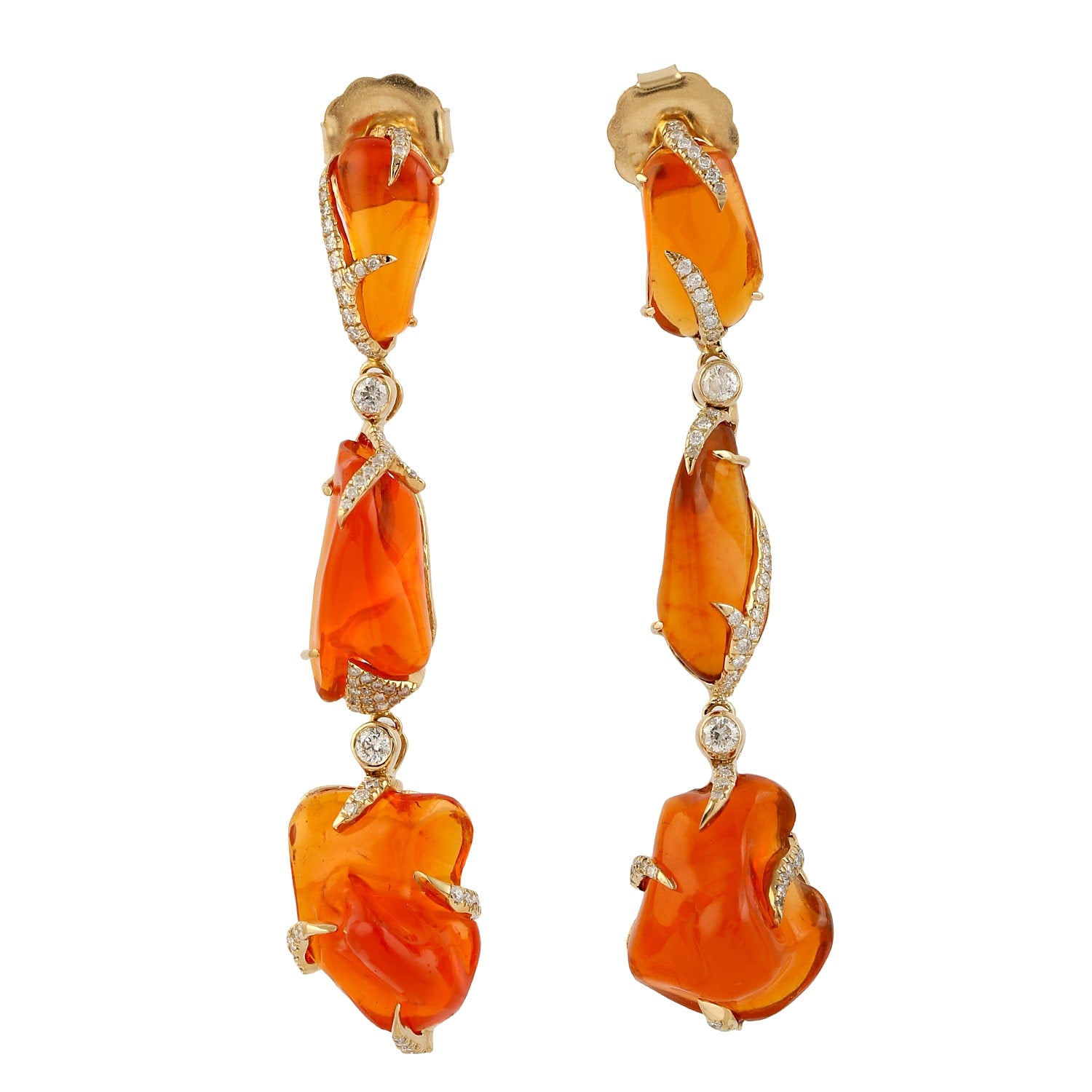 Unshaped Dangle Earrings With Natural Fire Opal & Pave Diamonds By Artisan