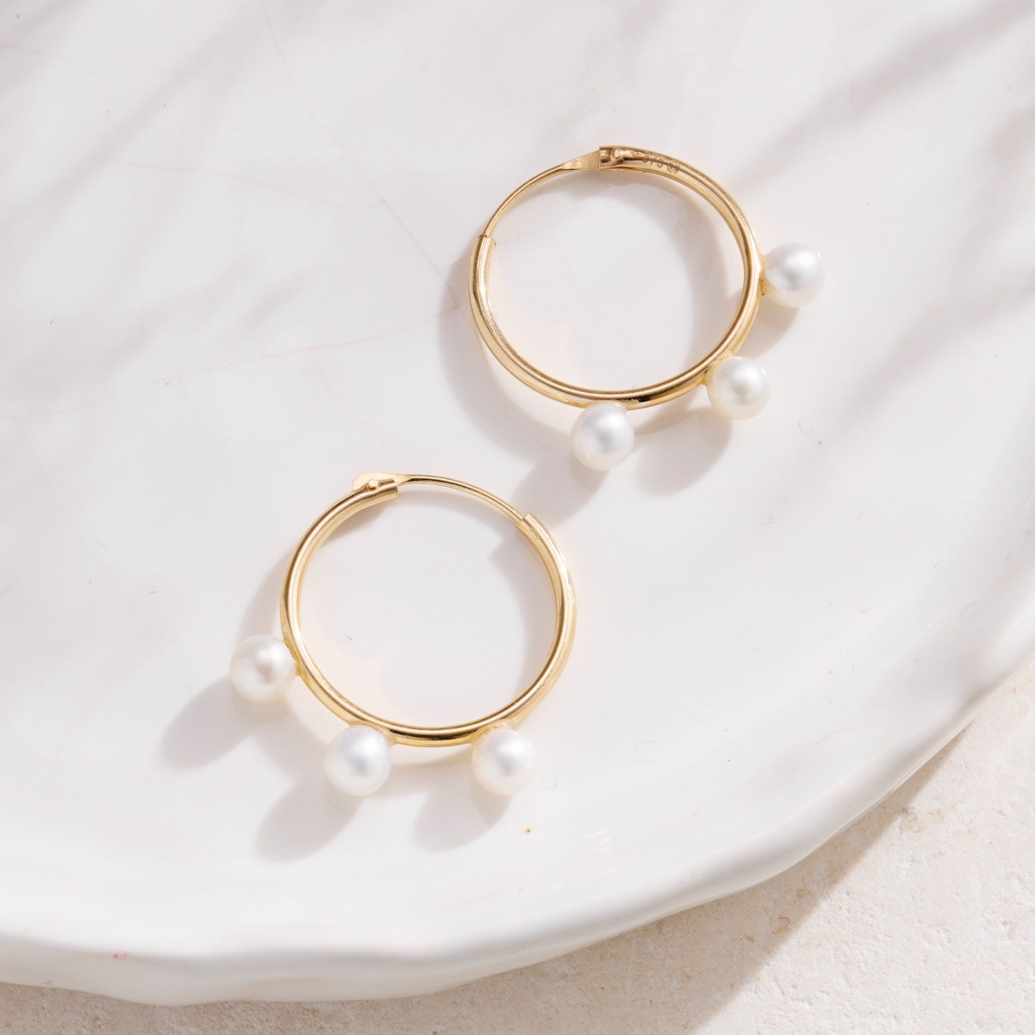 Gold Triple Pearl Hoop Earrings