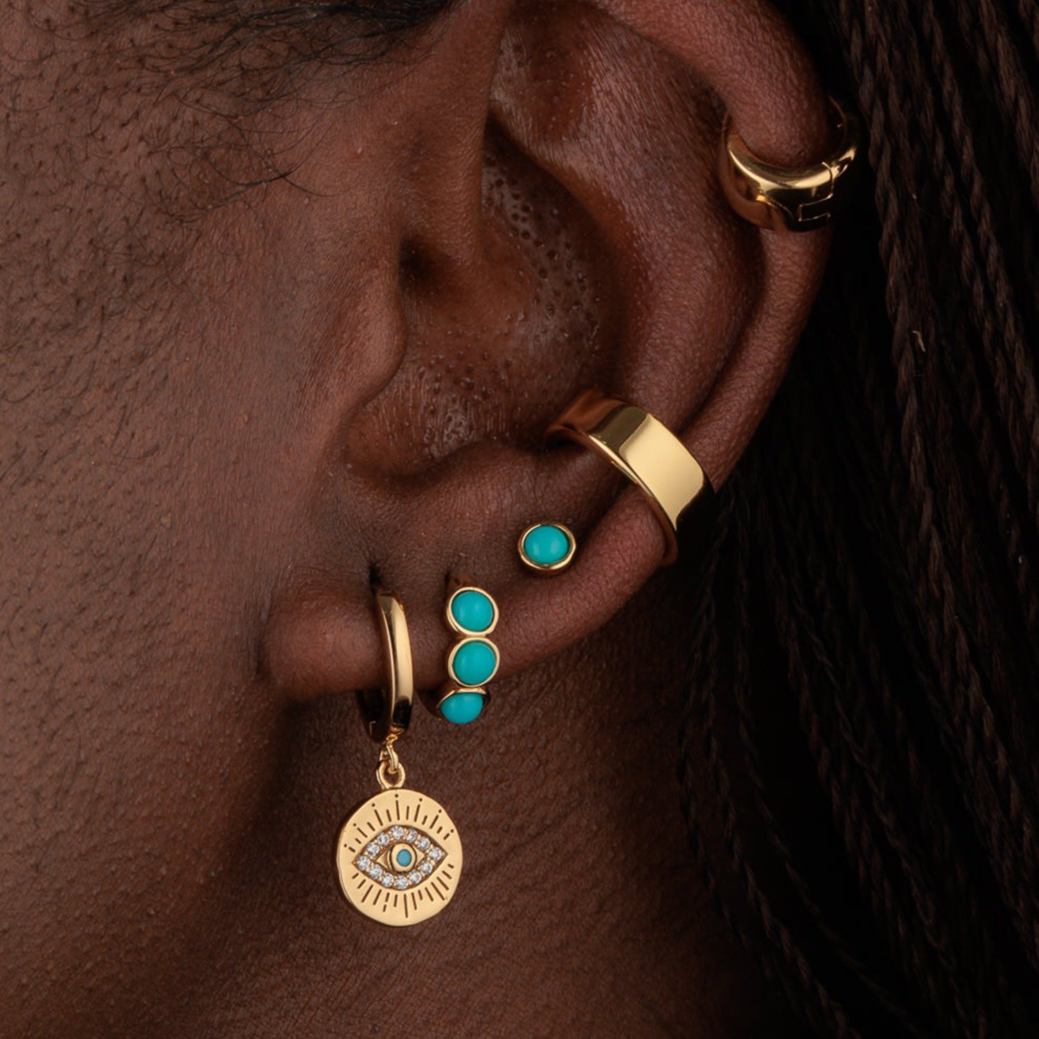 Gold Turquoise Cabochon Huggie Earrings