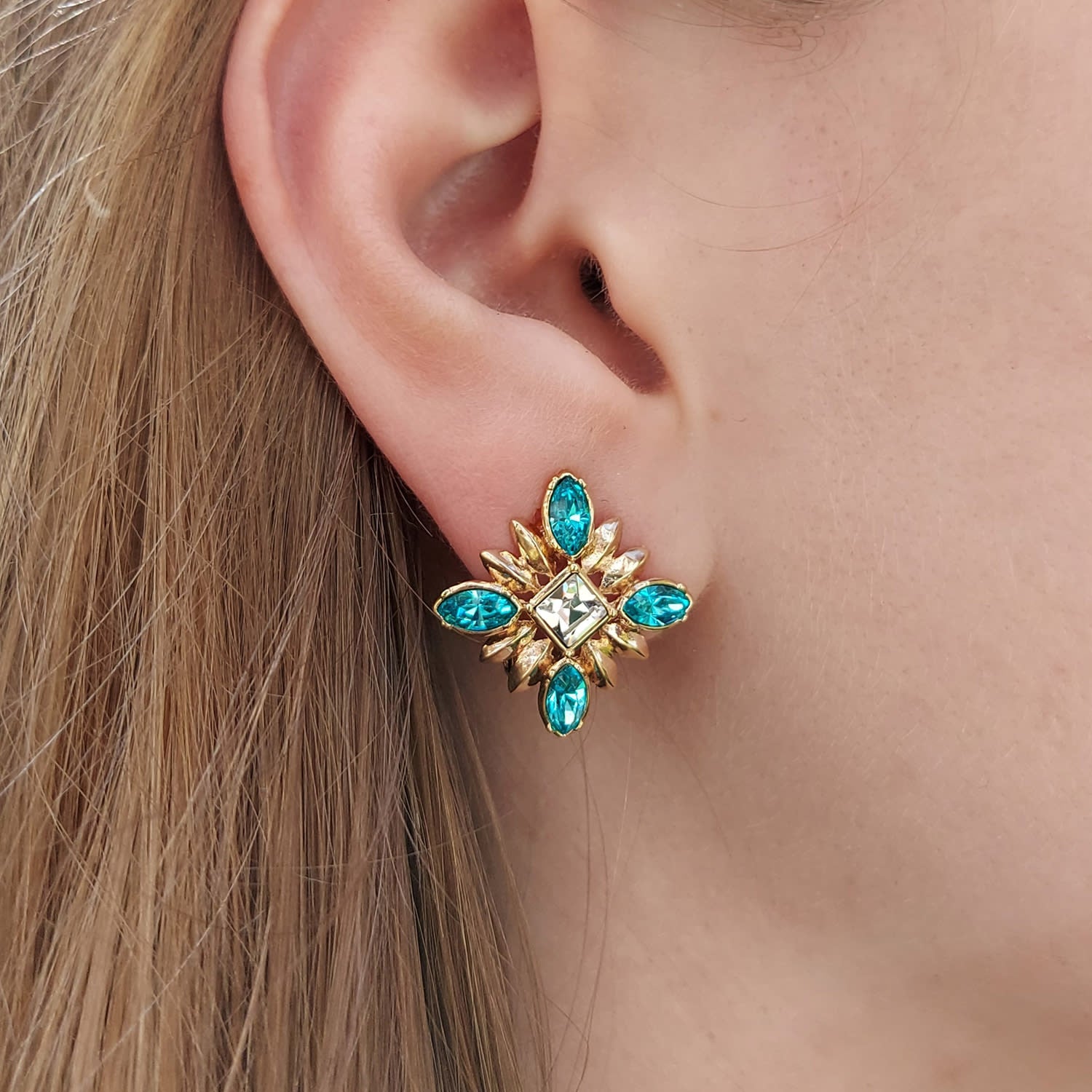Gold & Turquoise Rhinestone Clip On Earrings, Series Athene