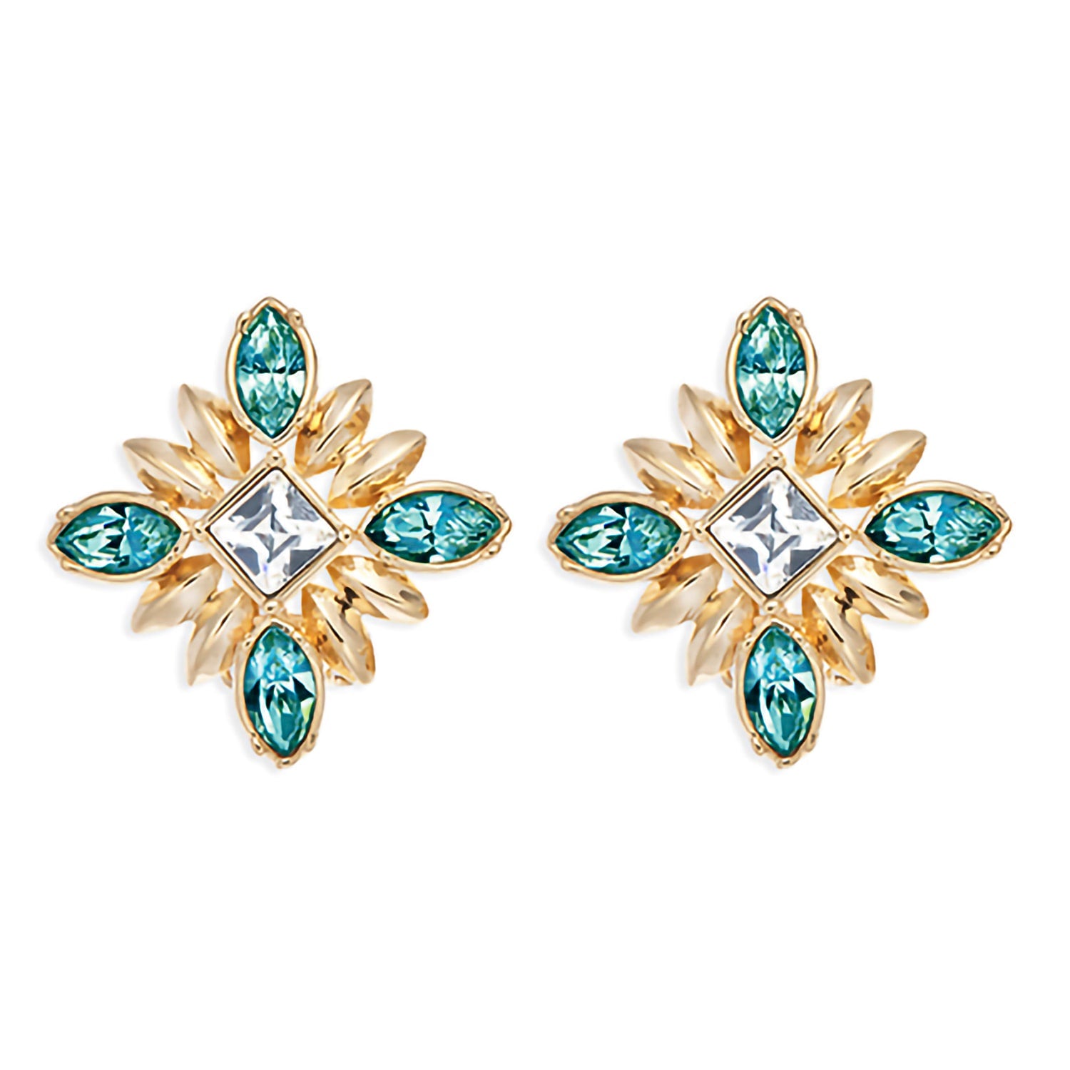 Gold & Turquoise Rhinestone Clip On Earrings, Series Athene