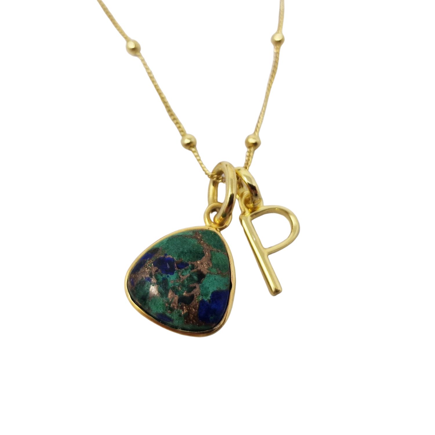 Gold Vermeil Azurite & Malachite Initial Pendant Charm Necklace