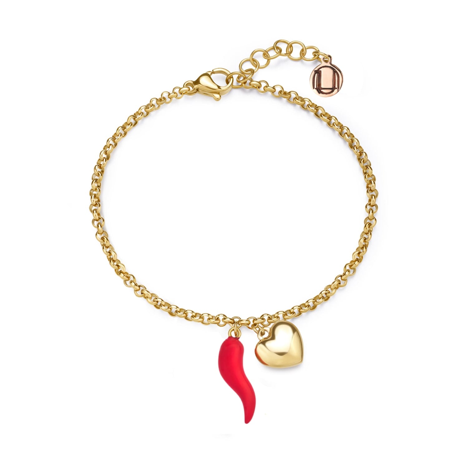 Gold Vermeil Cornicello & Heart Charm Bracelet – Red Enamel Italian Good Luck Jewelry, Handmade Lucky Talisman