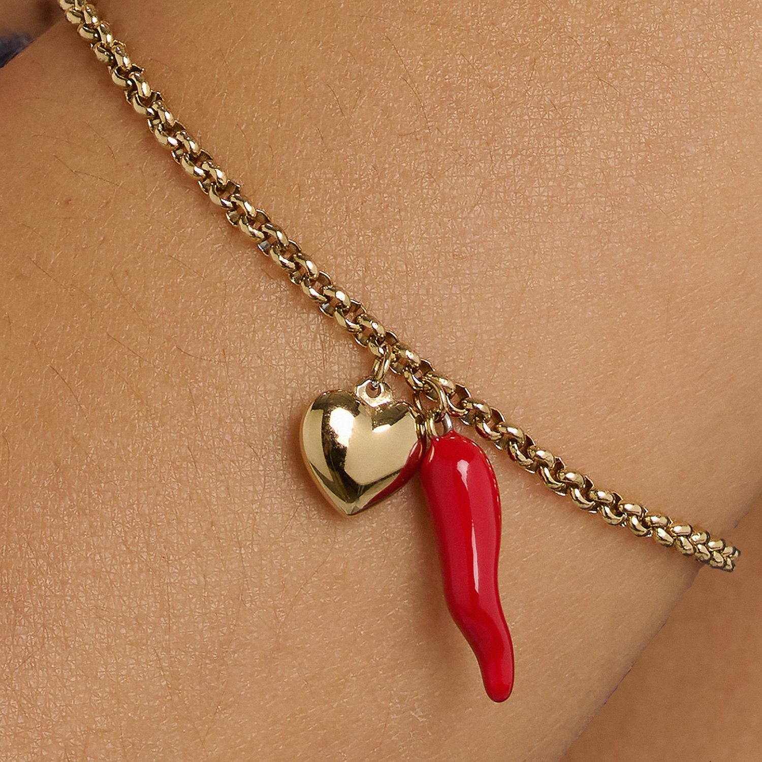 Gold Vermeil Cornicello & Heart Charm Bracelet – Red Enamel Italian Good Luck Jewelry, Handmade Lucky Talisman