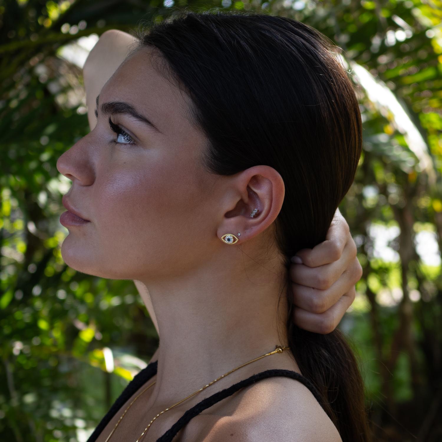 Gold Vermeil & Diamond Blue Sapphire Evil Eye Stud Earrings - Blue