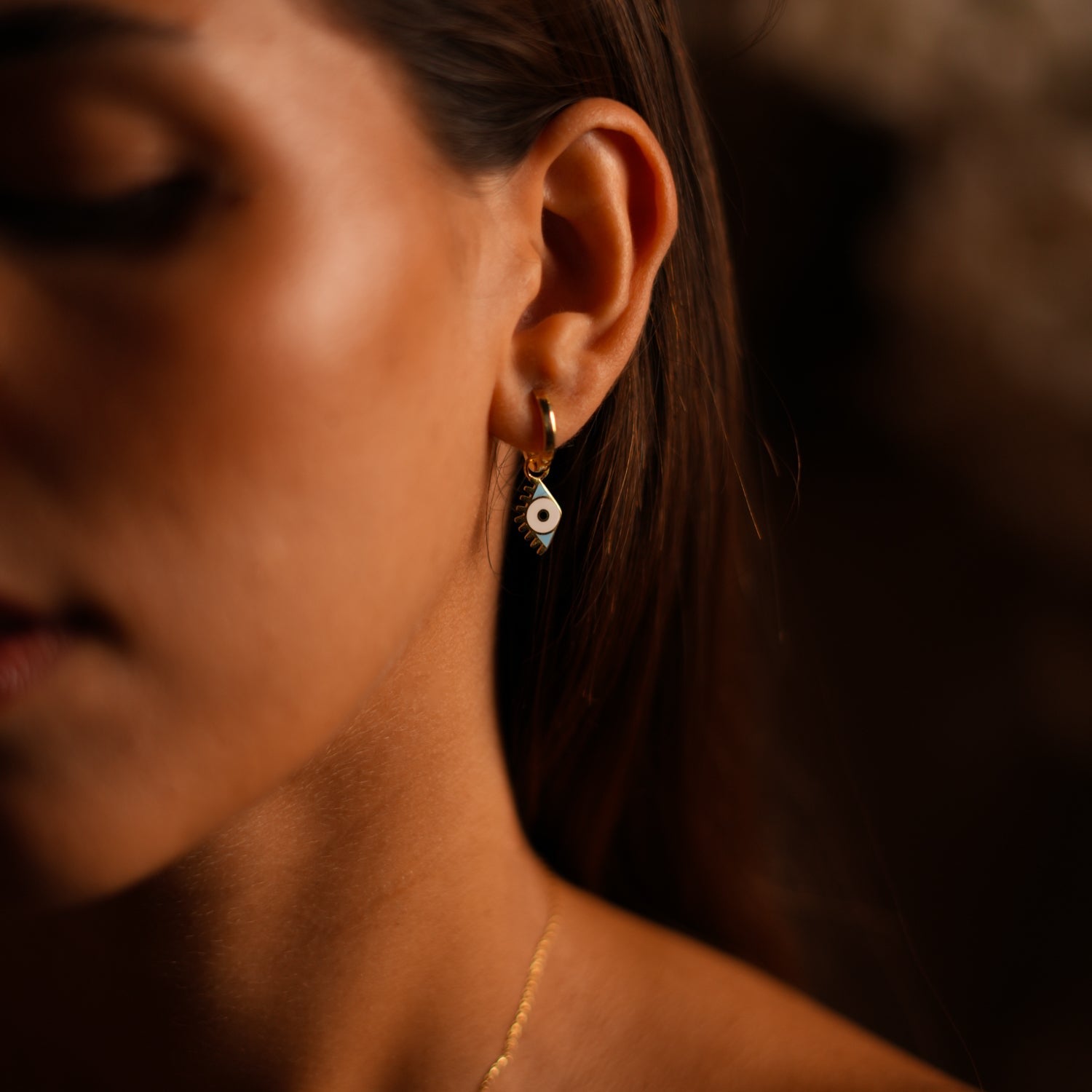 Gold Vermeil Hoop & Blue Enamel Protection Evil Eye Dangle Earrings - Blue