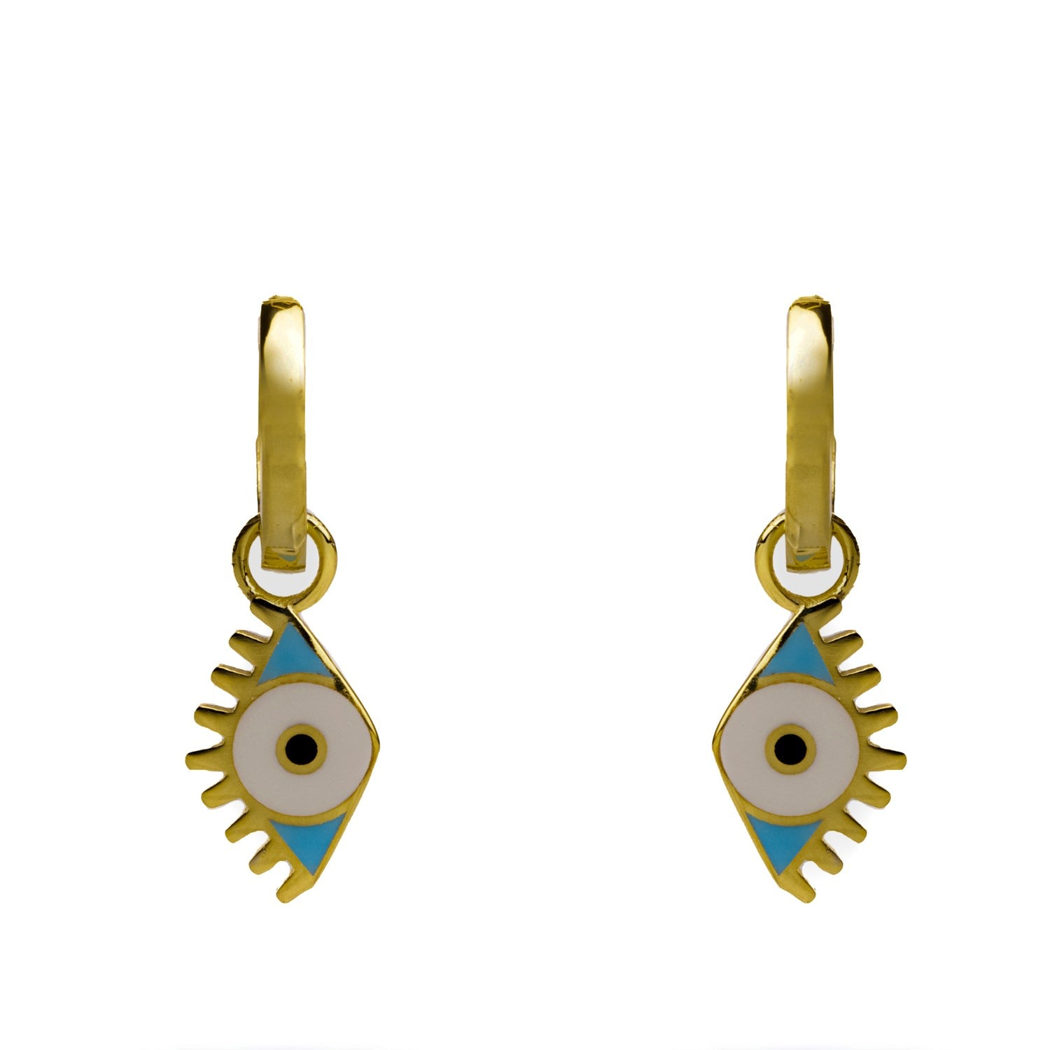 Gold Vermeil Hoop & Blue Enamel Protection Evil Eye Dangle Earrings - Blue