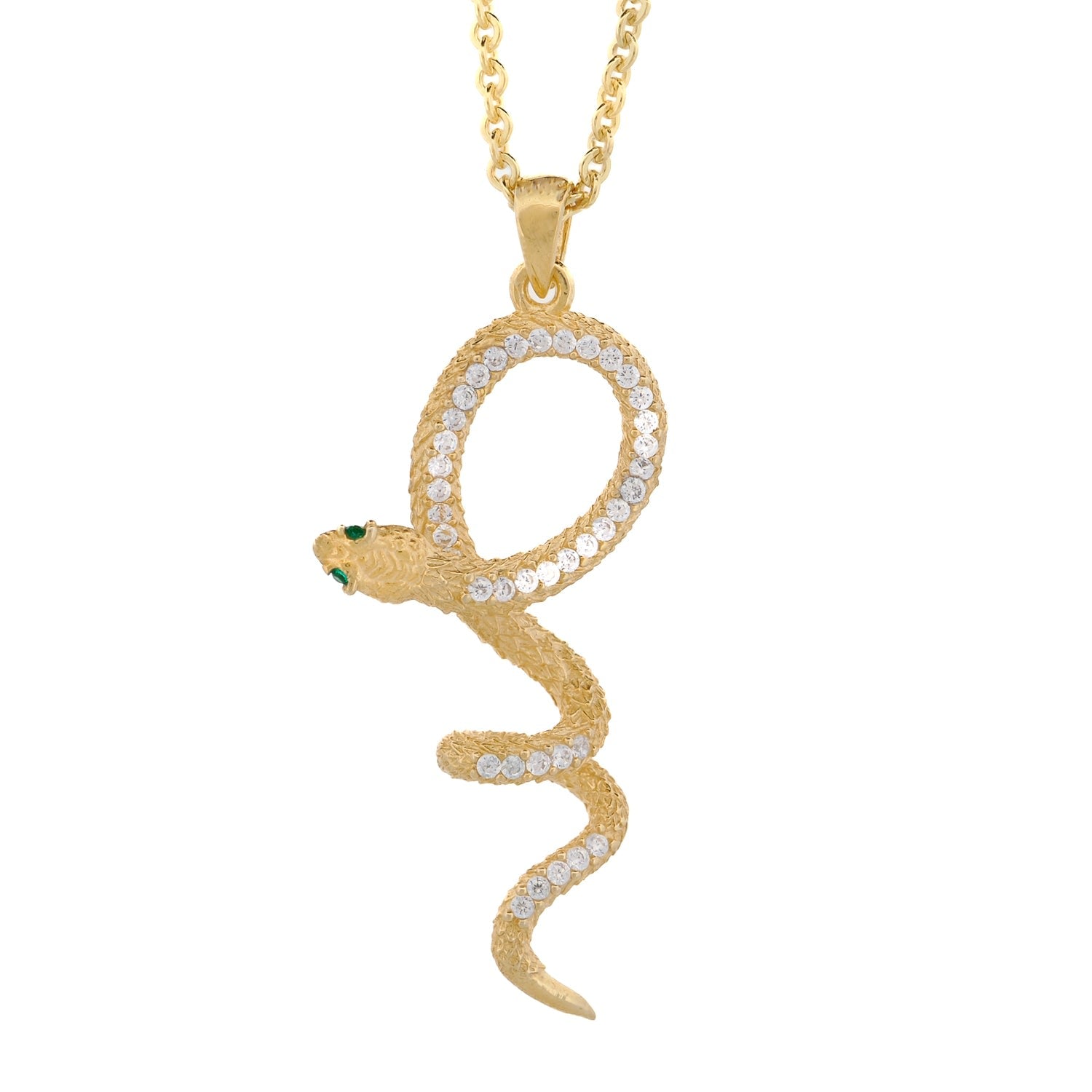 Emerald Eyed Mythology Snake Gold & Diamond Pendant Bold Chain Necklace - Gold