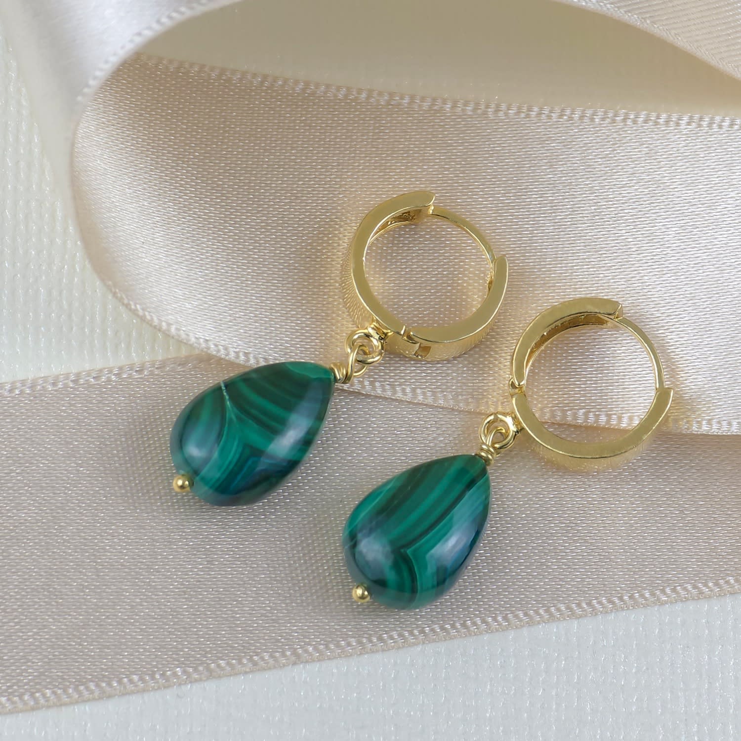 Gold Vermeil Natural Malachite Hoop Earrings