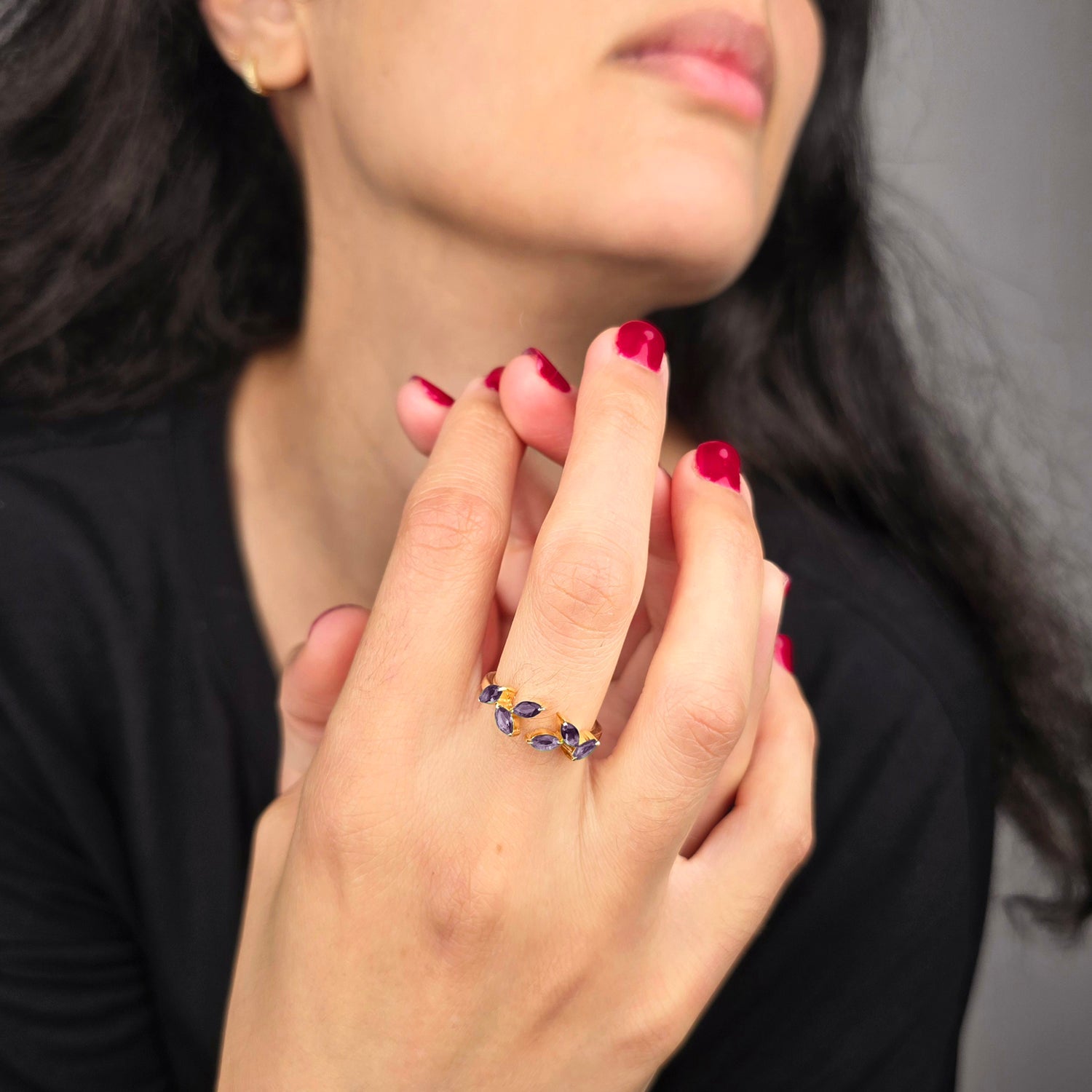 Gold Vermeil Open Leaf Ring With Amethyst Gemstones